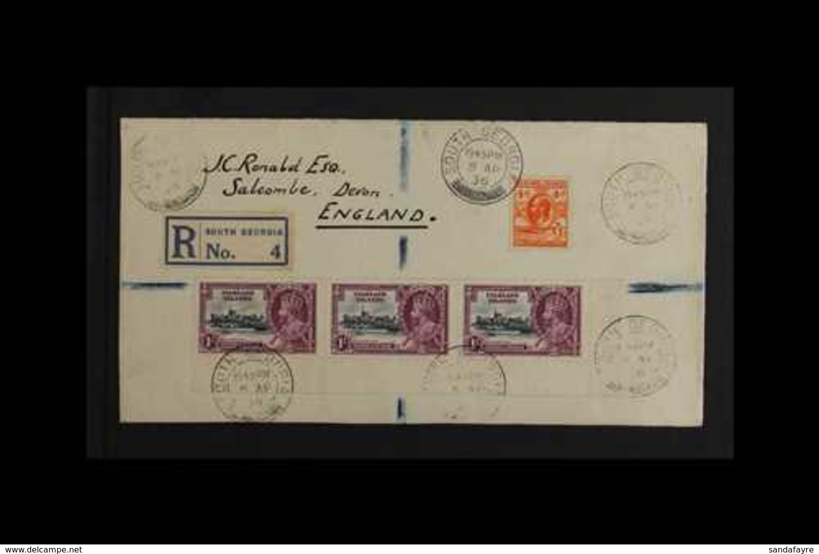 1936 SOUTH GEORGIA COVER  An Attractive, Registered Cover To Devon, England Bearing Falkland Islands 1935 1s Silver Jubi - Falklandinseln