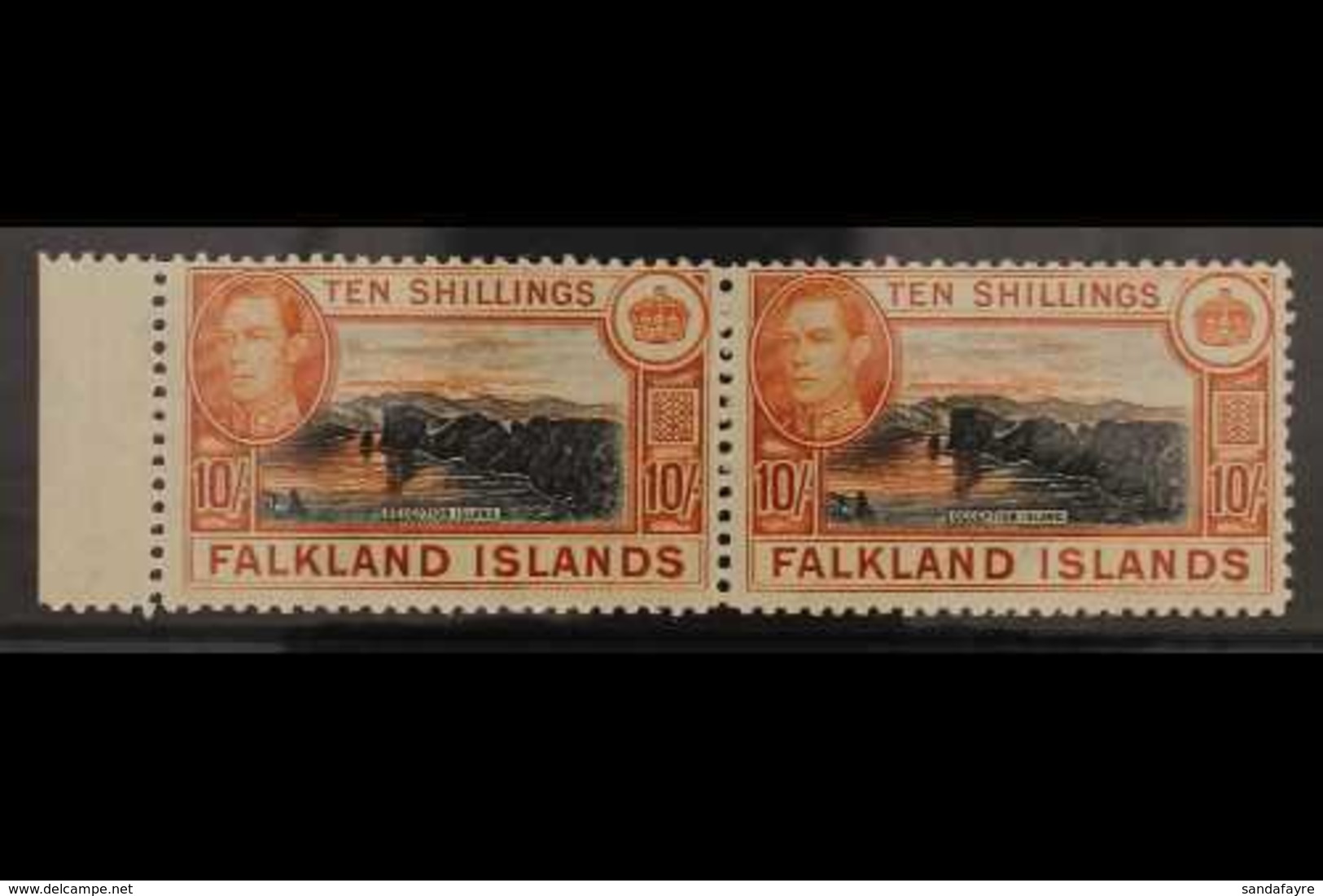 1938-50  10s Black And Red Orange On Greyish Paper, SG 162b, Superb Never Hinged Mint Marginal Horizontal Pair. For More - Falklandinseln