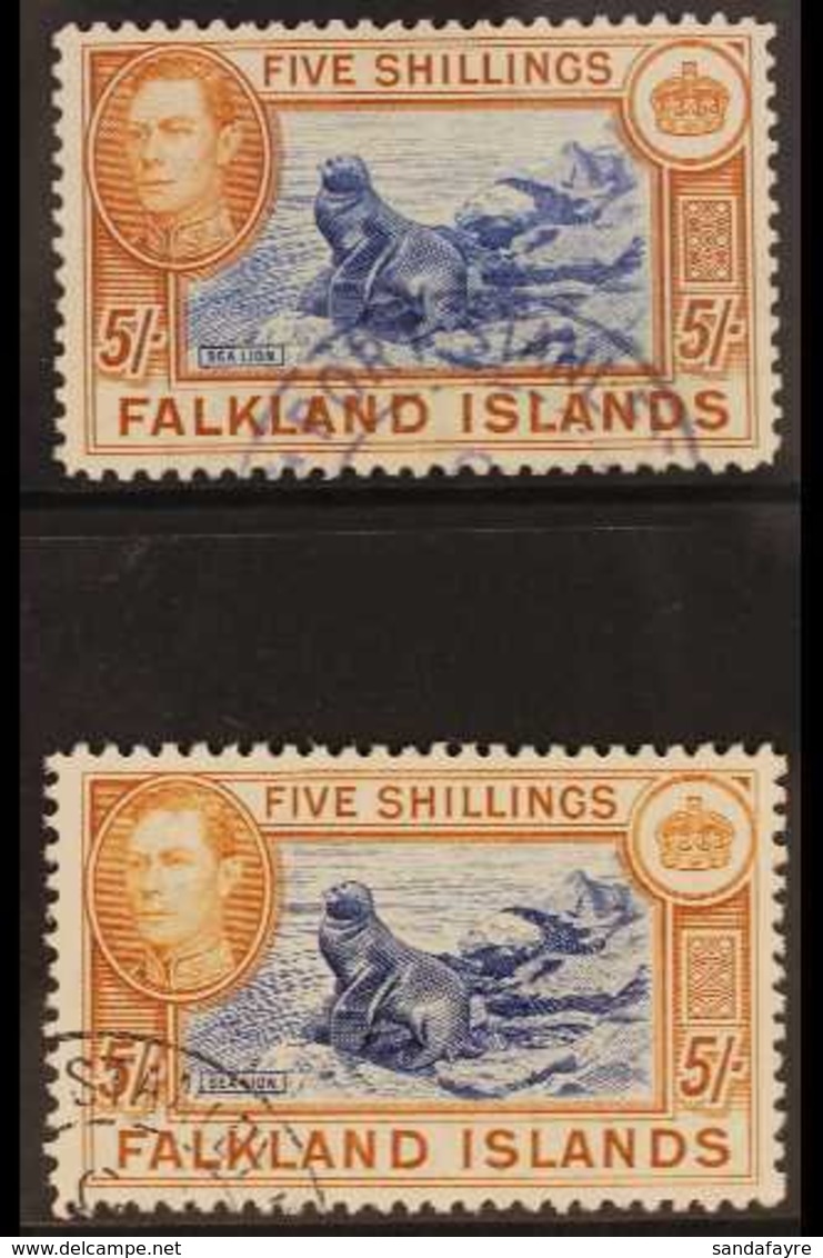 1938-50  KGVI 5s Blue & Chestnut, SG 161 & 5s Indigo & Pale Yellow Brown, SG 161b, Very Fine, Cds Used (2 Stamps) For Mo - Falklandinseln