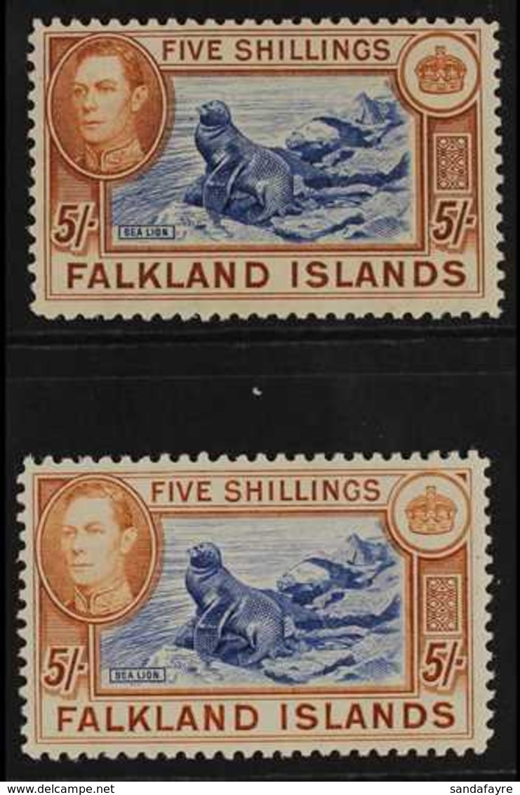 1938-50  KGVI 5s Blue And Chestnut (SG 161), And 5s Dull Blue And Yellow-brown (SG 161c), Very Fine Mint. (2 Stamps) For - Falklandinseln