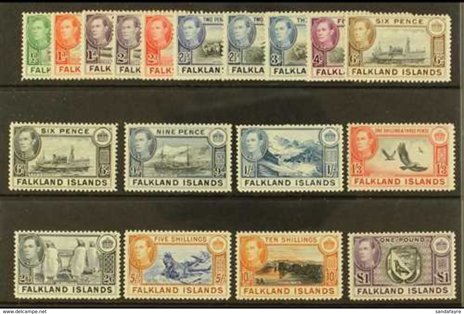 1938-50  Pictorials Set Complete, SG 146/163, Very Fine Lightly Hinged Mint (18 Stamps) For More Images, Please Visit Ht - Falklandinseln