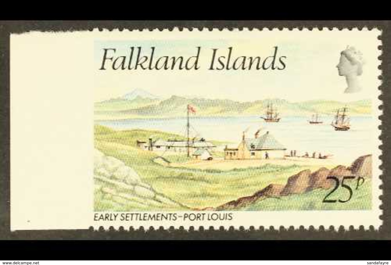 1981  25p Early Settlements Port Louis (SG 390) IMPERFORATE AT LEFT BETWEEN STAMP AND SHEET MARGIN, Never Hinged Mint. A - Falklandinseln