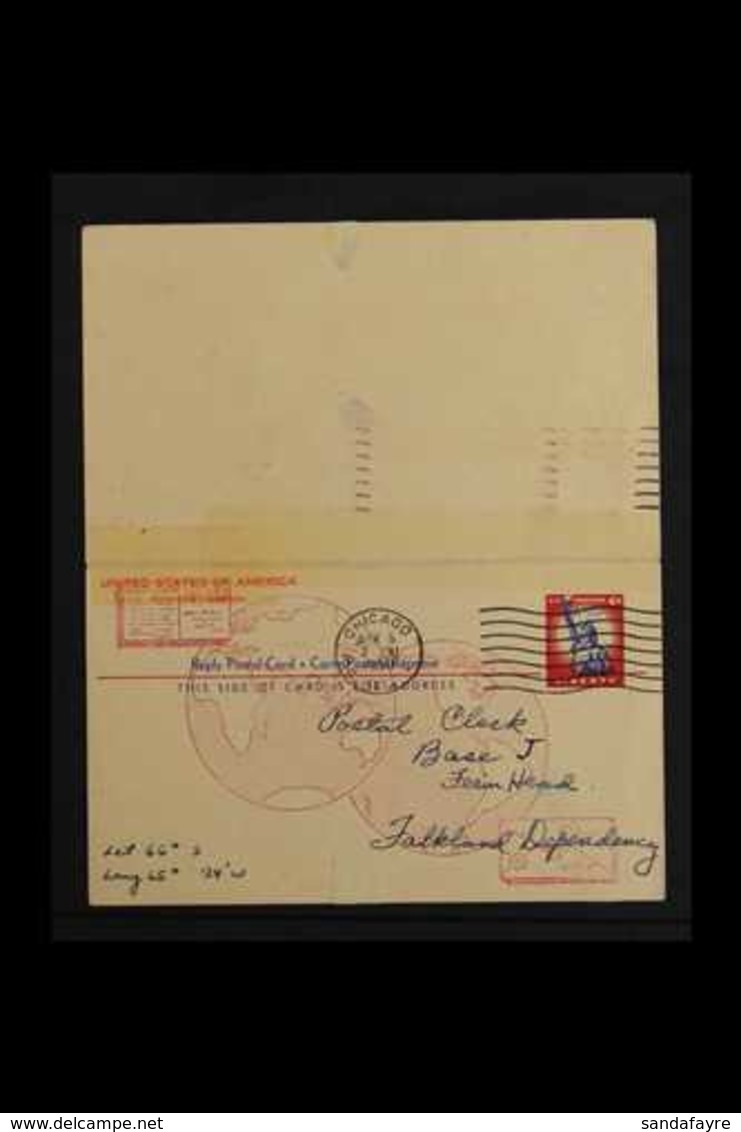 GRAHAM LAND  1958 (8 April) USA 4c+4c Reply Card Sent To Base "J" At Ferin Head, And Returned To The Sender With Very Fi - Falklandinseln