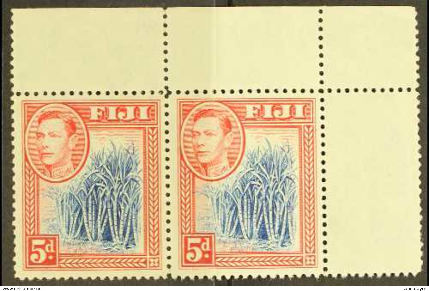 1938  5d Blue And Scarlet, SG 258, Never Hinged Mint Upper Right Corner Horizontal Pair.  For More Images, Please Visit  - Fidschi-Inseln (...-1970)