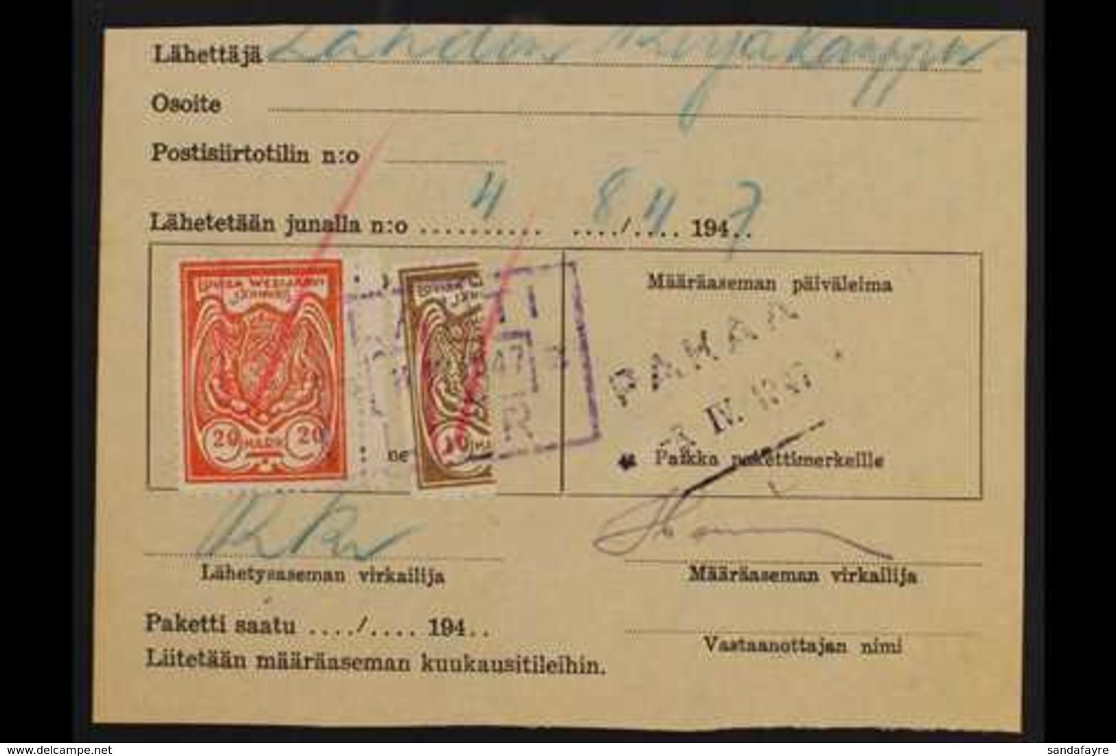 RAILWAY LOCAL BISECTED STAMPS  LOVISA WESIJARVI JARNVAG 1947 Three Parcel Receipts/waybills, Bearing 1m, 4m, 10m & 20m R - Sonstige & Ohne Zuordnung