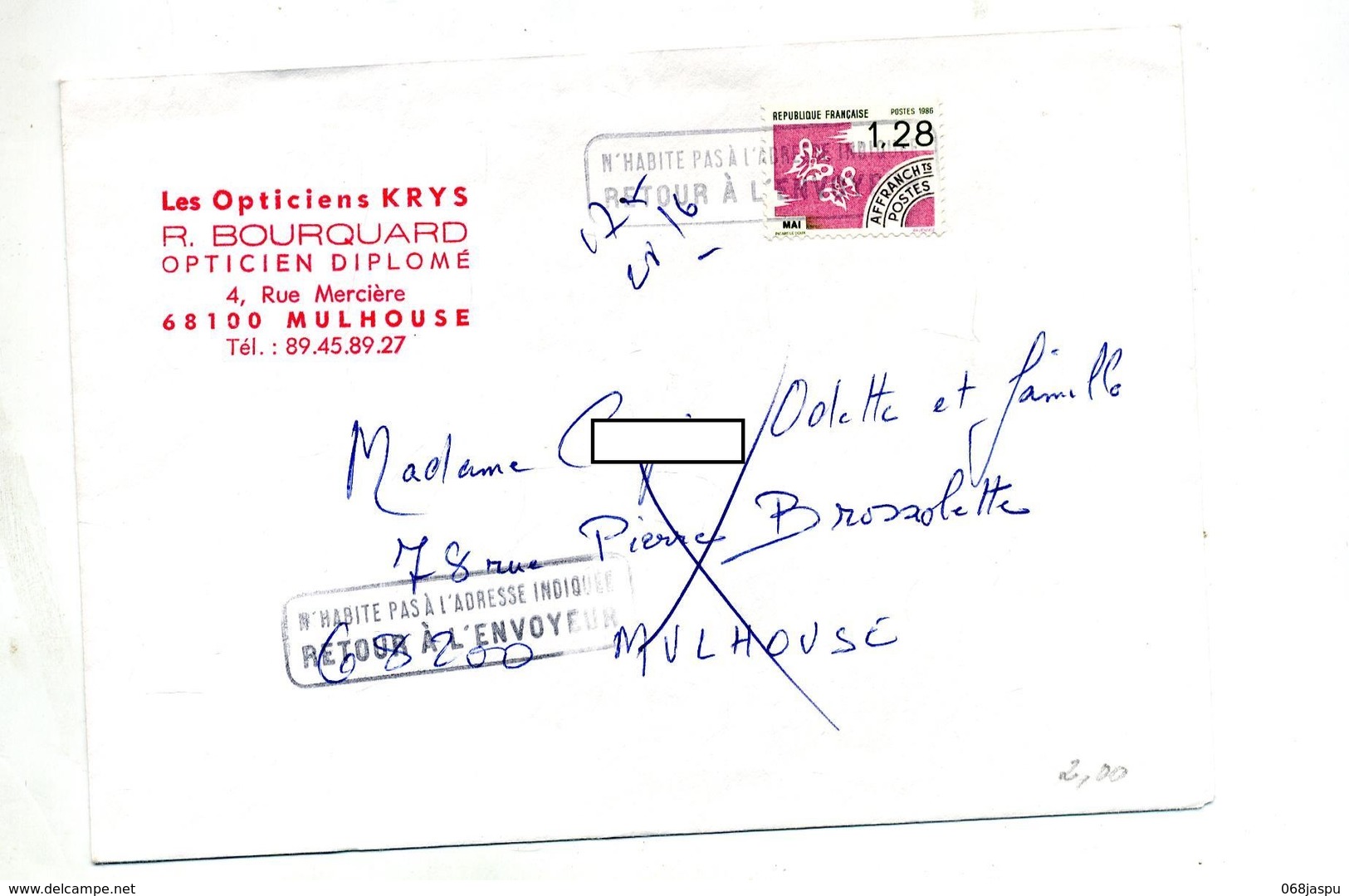 Lettre Cachet Retour  Sur Pre-oblitere Papillon + N'nabite + Muette Mulhouse - Handstempels