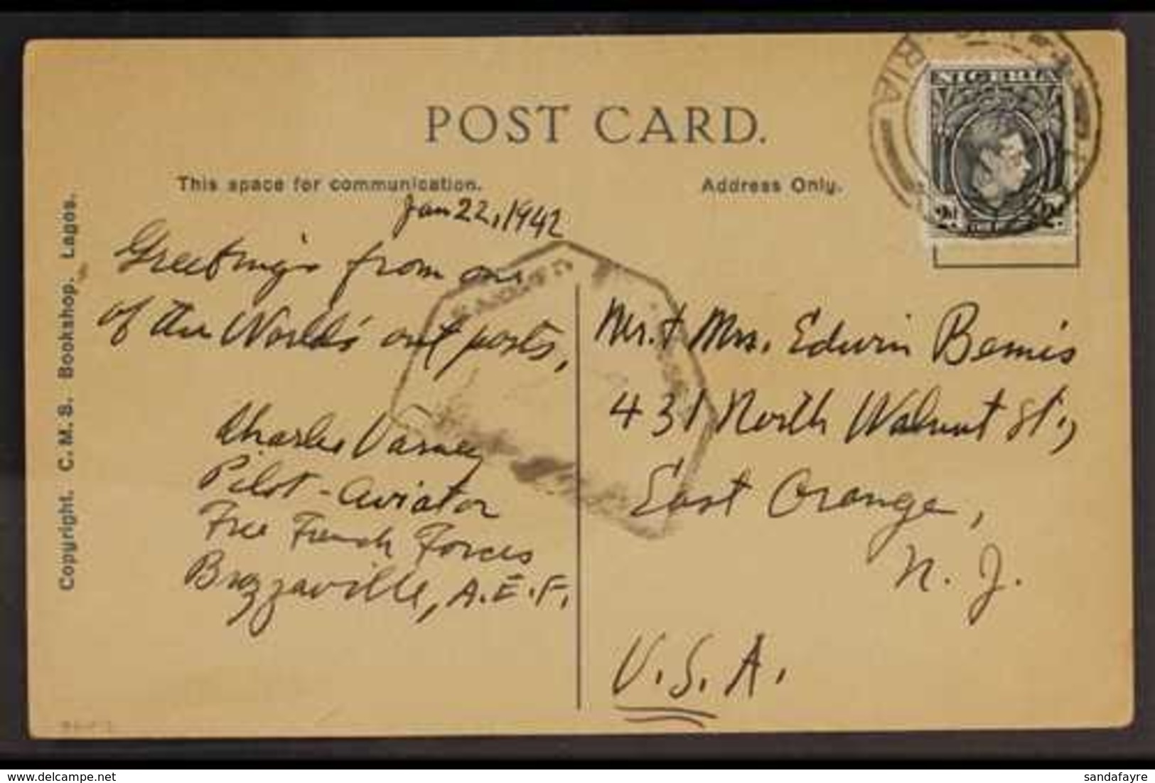 FREE FRENCH FORCES - BRAZZAVILLE  1942 (22 Jan) Censored Ppc Of Lagos Fish Market Bearing 2d Nigeria Tied By Lagos Cds,  - Sonstige & Ohne Zuordnung