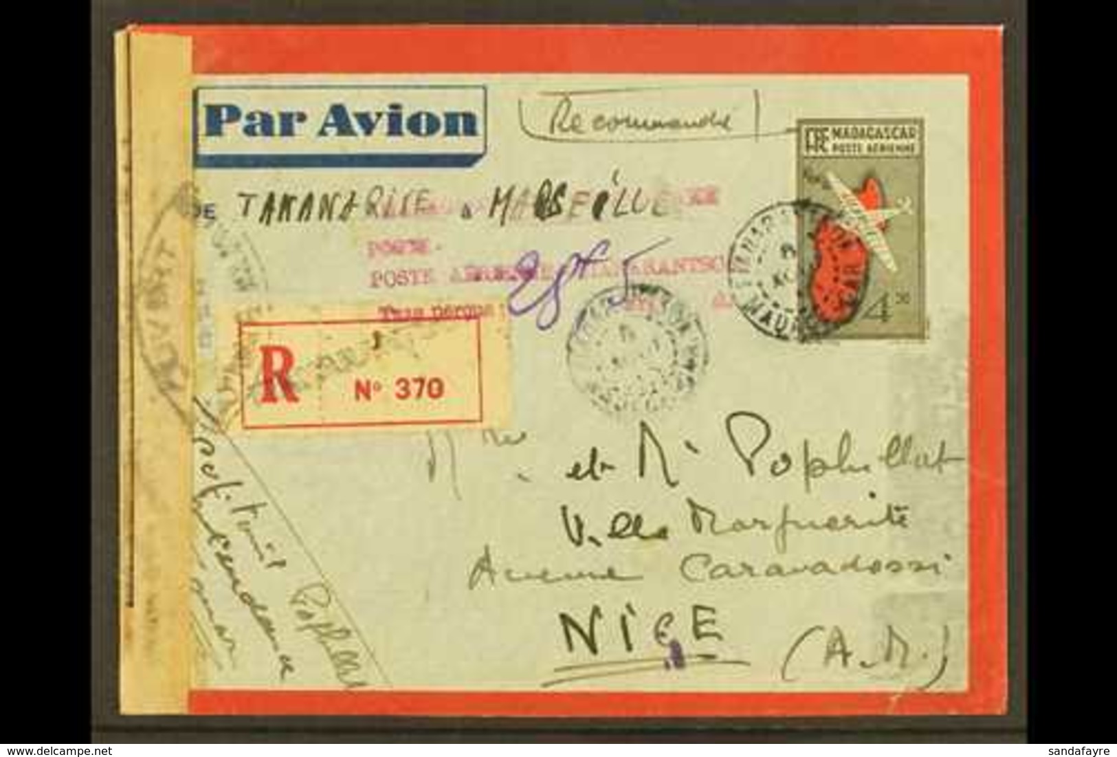 MADAGASCAR  1945 Registered 4.50f CENSOR COVER To Nice, France With Postage Due Cachet. Seldom Seen For More Images, Ple - Sonstige & Ohne Zuordnung