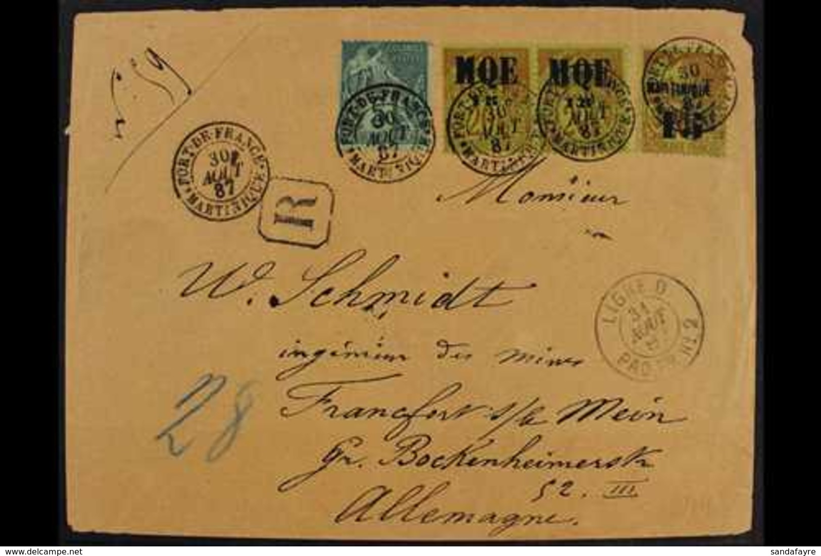 MARTINIQUE  1887 Registered Cover To Germany Franked General Colonies 5c Green, 1887 15c On 20c (Yv 2) Pair, And 15c On  - Sonstige & Ohne Zuordnung