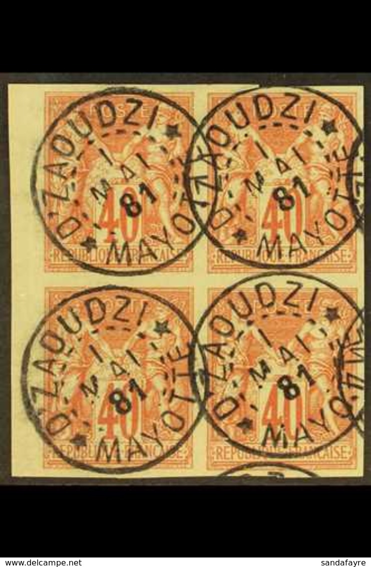 MAYOTTE  1877-79 40c Red On Yellow Sage General Issue (Yvert 27, Maury 34), Superb Used Marginal IMPERF BLOCK Of 4 Cance - Sonstige & Ohne Zuordnung