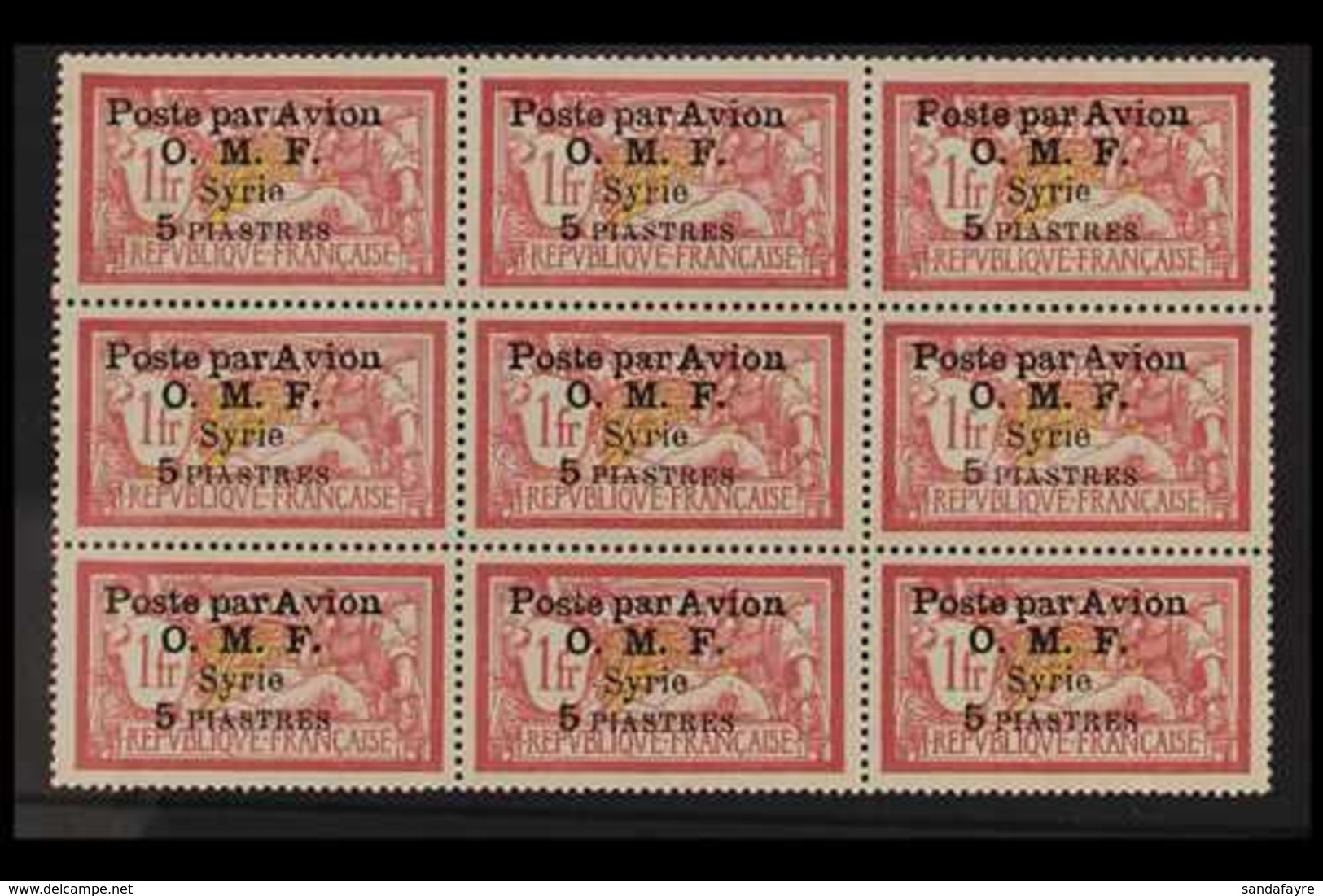 SYRIA  1922 5Pi On 1fr Lake & Yellow, "Post Par Avion - OMF" Opt'd , Yv 12, SG 91, BLOCK OF 9 (3 X 3) Lightly Hinged On  - Sonstige & Ohne Zuordnung