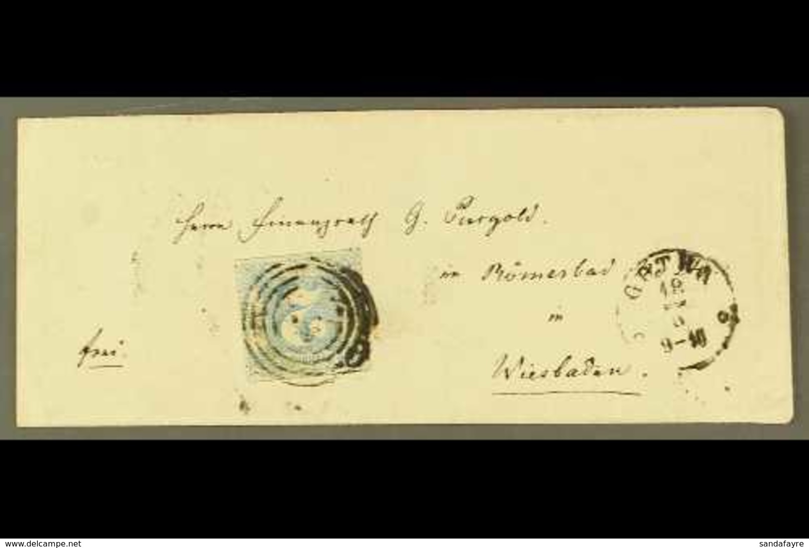 THURN AND TAXIS 1866  2 Sgr. Blue Coloured Roulettes, Mi. 49, On Neat Cover Gotha To Wiesbaden, Tied Target Cancel, Cds  - Sonstige & Ohne Zuordnung