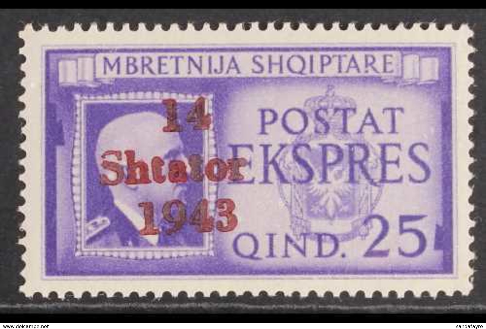 ALBANIA  1943 25q Bright Violet Overprinted Express Stamp With BROKEN "S" AT TOP Variety, Michel 14 IX, Never Hinged Min - Sonstige & Ohne Zuordnung