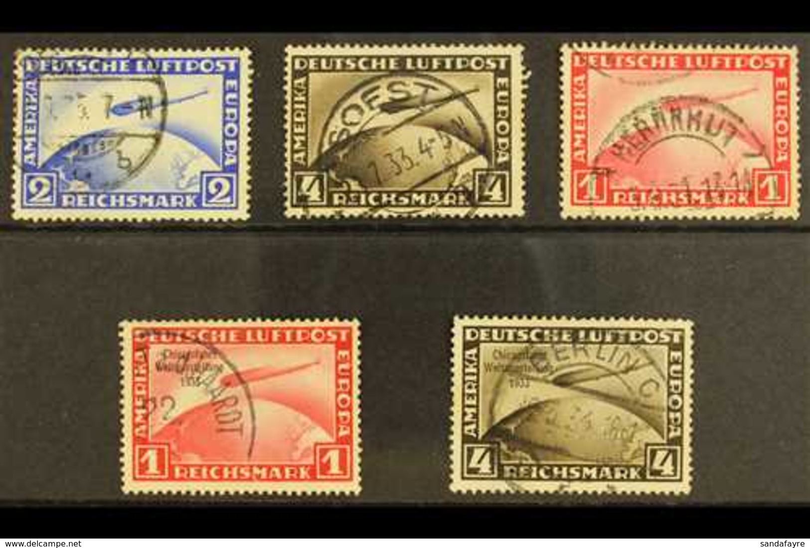 1928-33 ZEPPELIN USED GROUP  On A Stock Card, Inc 1928 2m Blue & 4m Sepia, 1931 1m Carmine, 1933 Chicago Exhibition 1m C - Sonstige & Ohne Zuordnung