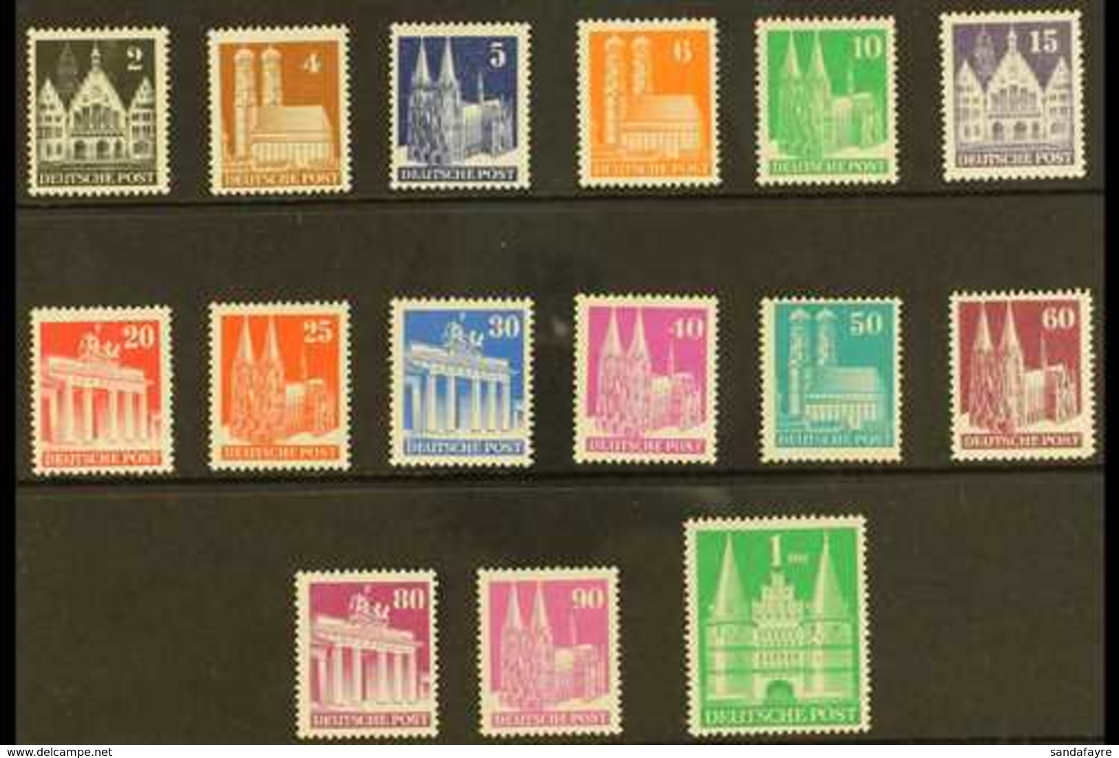 BRITISH & AMERICAN ZONES  1948-50 Buildings Perf 14 Complete Set (Michel 73eg/97eg, SG A108a/A132ba), Never Hinged Mint, - Sonstige & Ohne Zuordnung