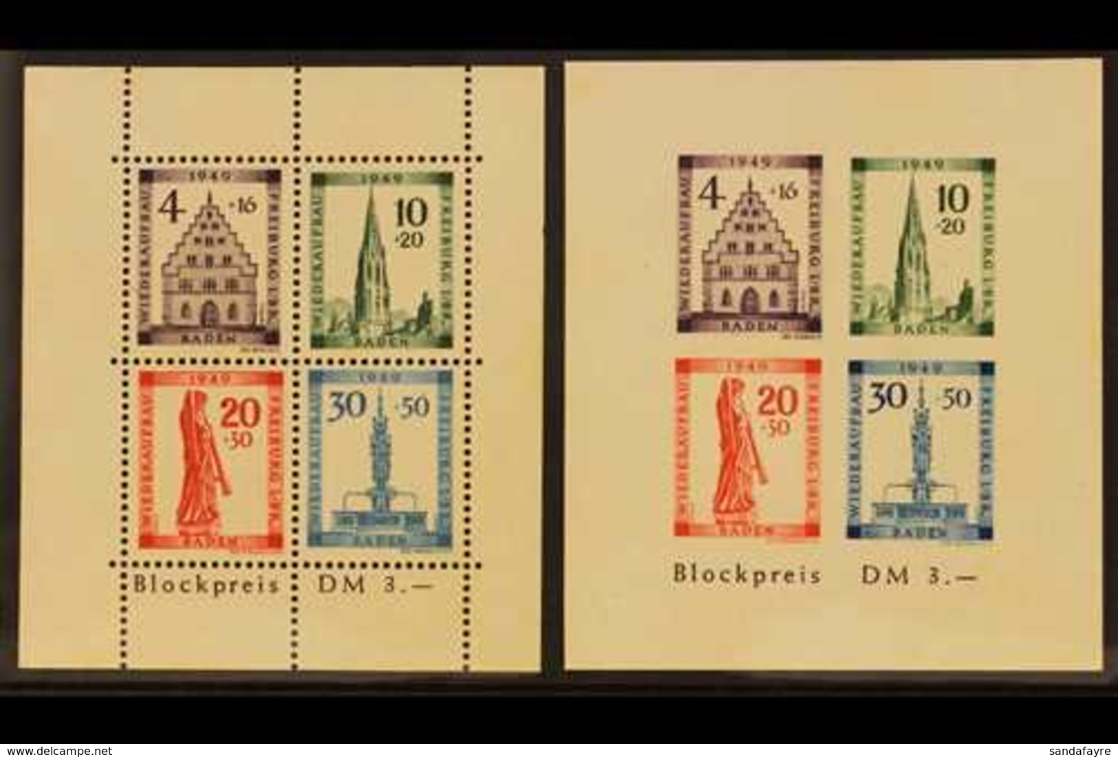 FRENCH ZONE  BADEN 1949 Freiburg Rebuilding Fund Both Miniature Sheets (Michel Blocks 1 A/B, SG MSFB41a/b), Never Hinged - Sonstige & Ohne Zuordnung