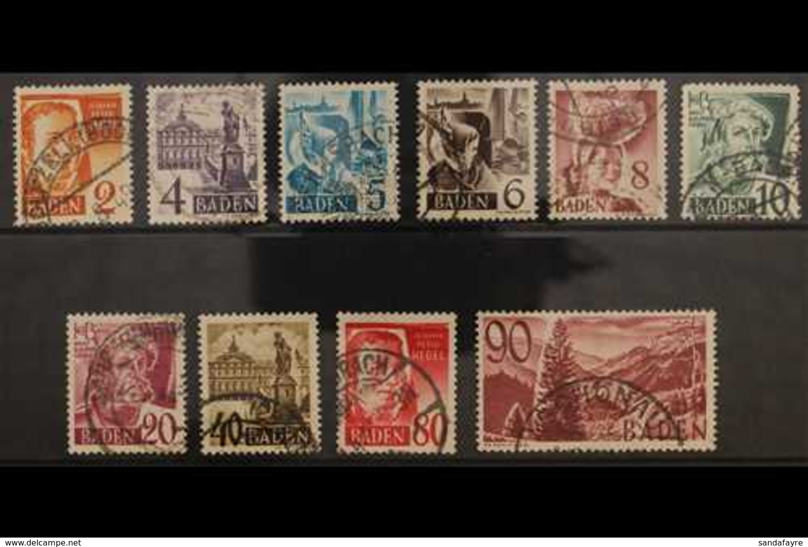 FRENCH ZONE  BADEN 1948-49 Pictorials Complete Set (Michel 28/37, SG FB28/37), Very Fine Cds Used, Fresh. (10 Stamps) Fo - Sonstige & Ohne Zuordnung