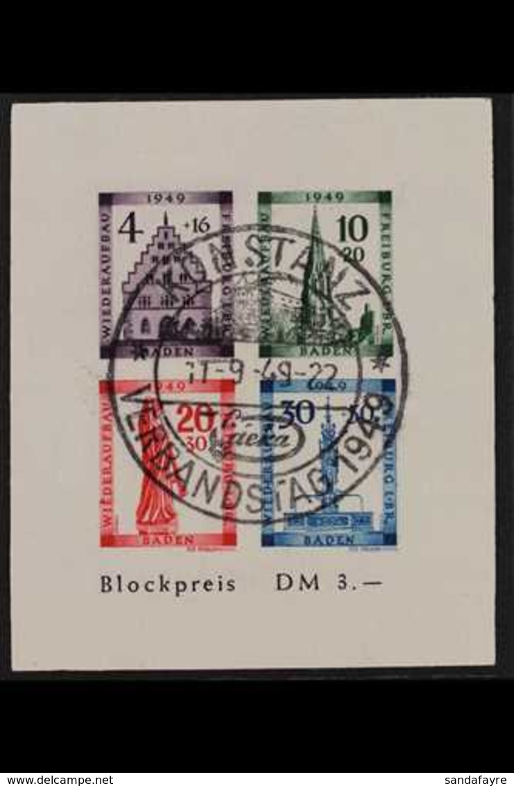 FRENCH ZONE  BADEN 1949 Freiburg Reconstruction Fund Imperf Mini-sheet With 20pf Stamp With Coloured Fleck Over First "E - Sonstige & Ohne Zuordnung
