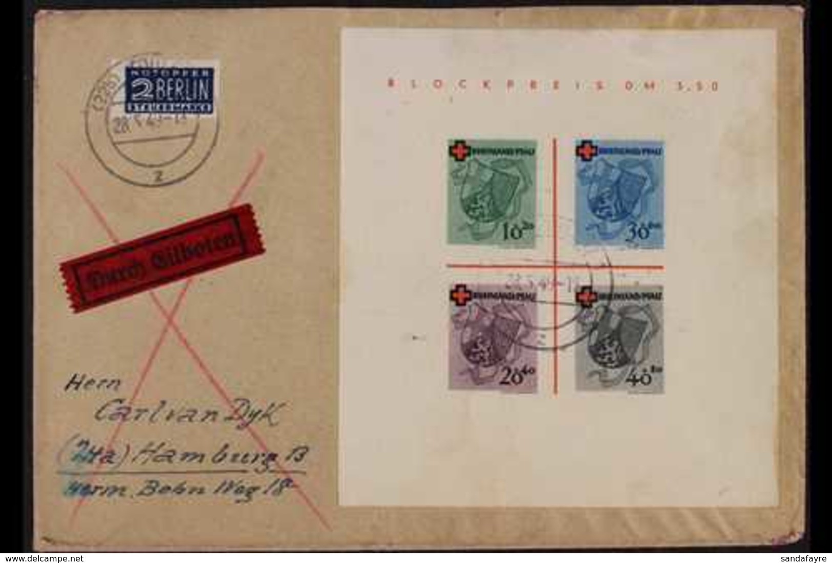 FRENCH ZONE  RHEINLAND-PFALZ 1949 (28 May) Express Cover Addressed To Hamburg, Bearing 1949 Red Cross Mini-sheet (Michel - Sonstige & Ohne Zuordnung