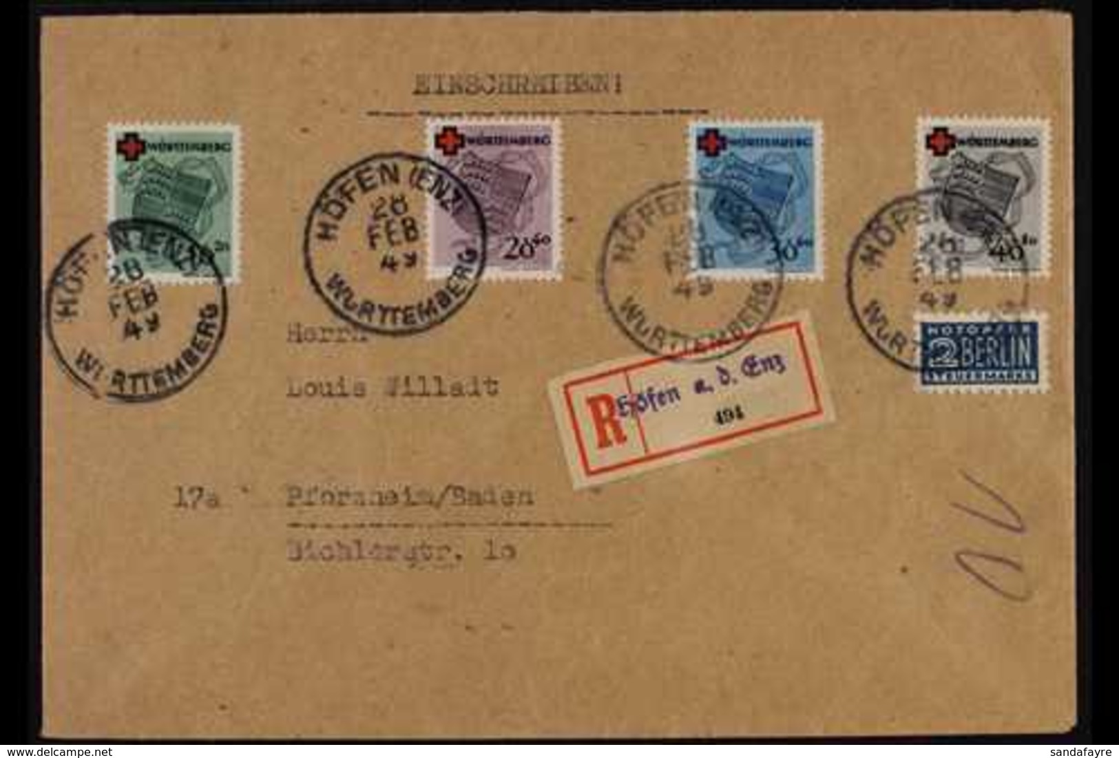 FRENCH ZONE  WURTTEMBERG 1949 (28 Feb) Registered Cover To Baden, Bearing 1949 Red Cross Complete Set (Michel 40/43 A) T - Sonstige & Ohne Zuordnung