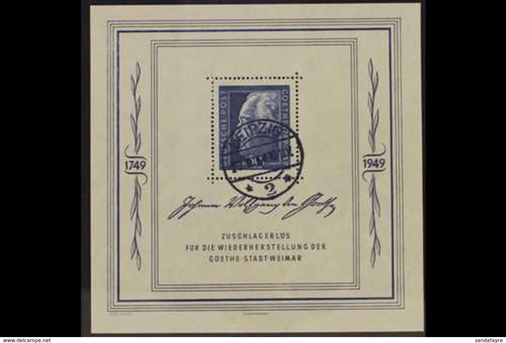 RUSSIAN ZONE  GENERAL ISSUES 1949 Goethe Miniature Sheet (Michel Block 6, SG MSR59a), Very Fine Used With "Leipzig" Cds  - Sonstige & Ohne Zuordnung