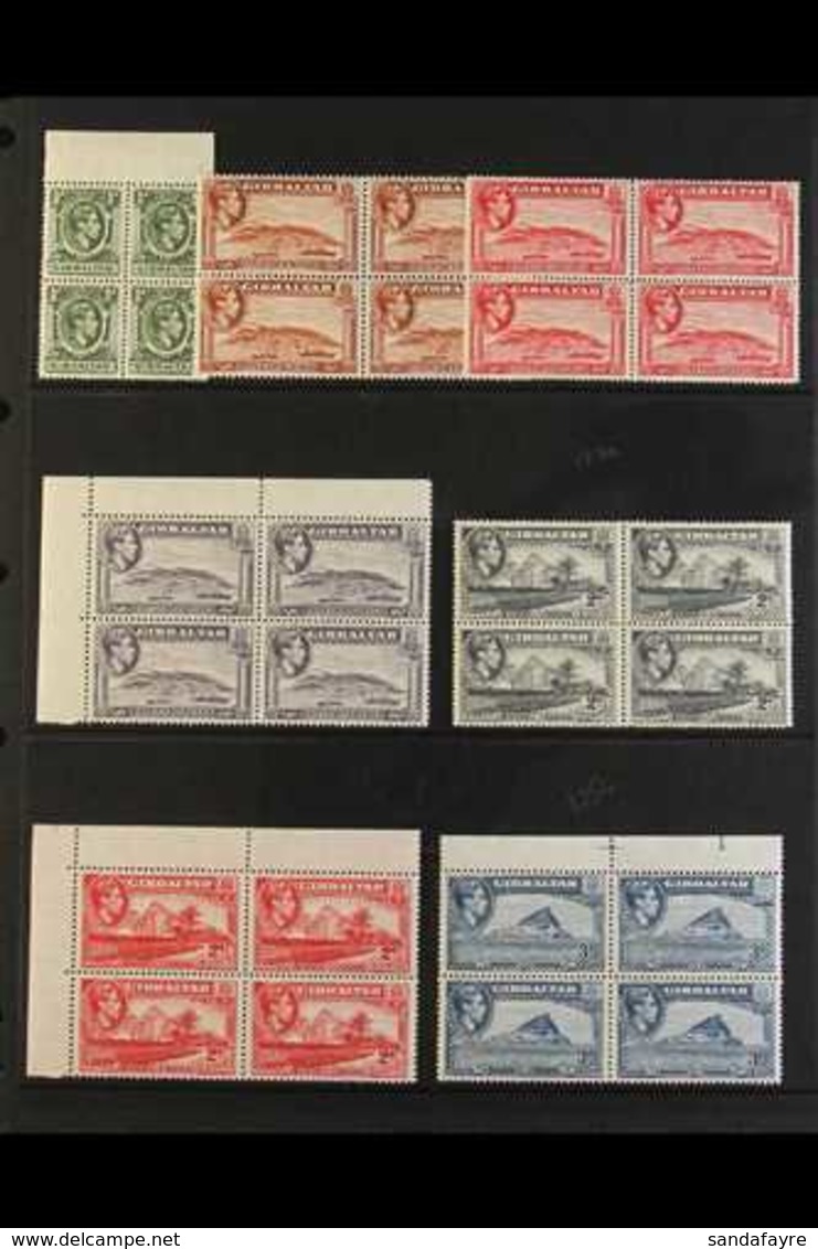 1938-51  KGVI Pictorial Definitive "Basic" Set, SG 121/31, In Never Hinged Mint Blocks Of 4. Includes ½d (SG 121), 1d Re - Gibraltar