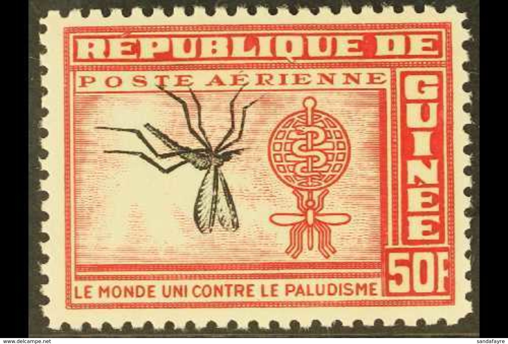 1962 INVERTED CENTRE.  50f Carmine-rose & Black Malaria Eradication With INVERTED CENTRE (MOSQUITO) Variety (as Scott C3 - Guinea (1958-...)