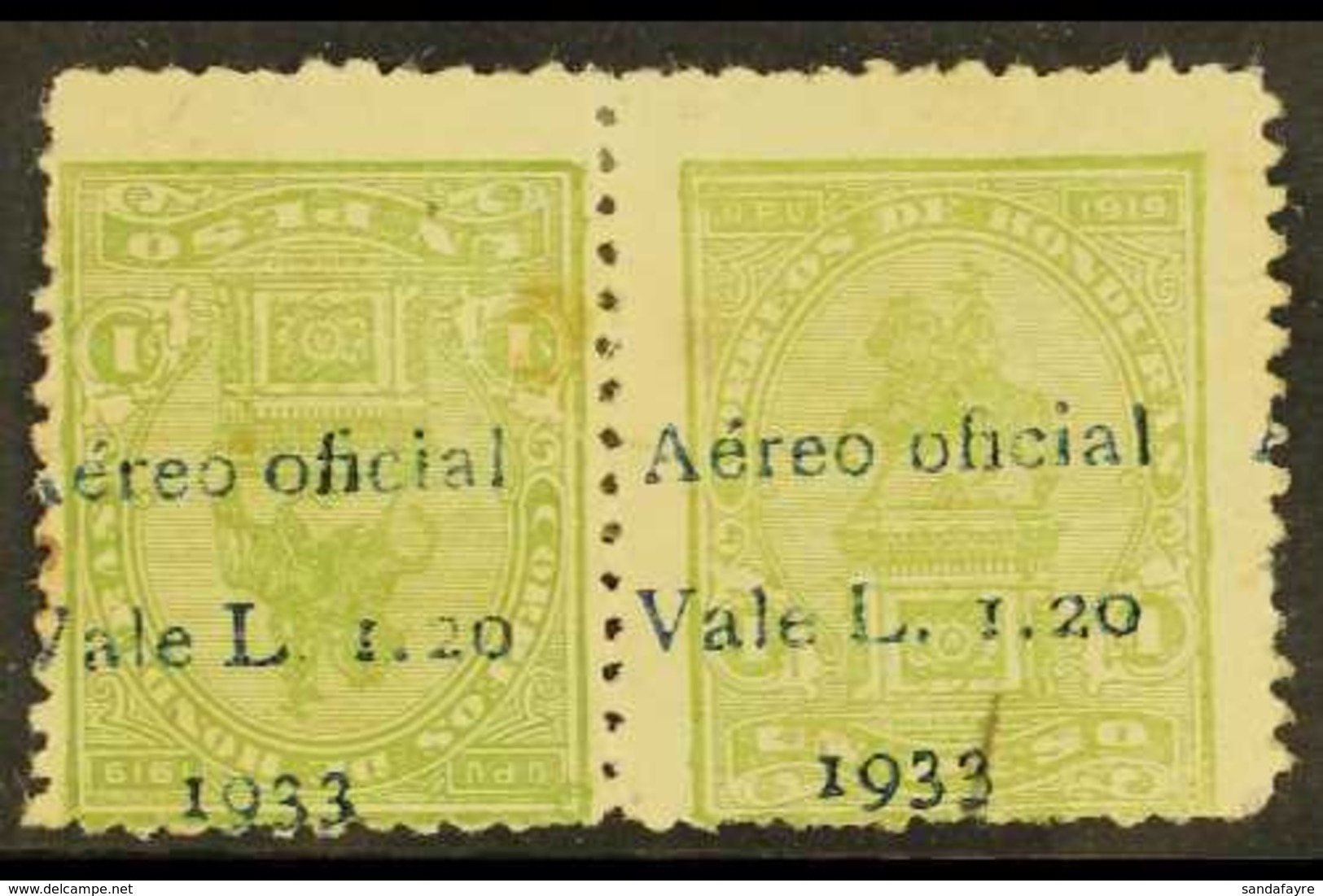 1933  OFFICIAL AIR 1.20L On 1p Yellow- Green (Statue) TETE-BECHE PAIR, Mint With Several Small Faults Incl Short Repaire - Honduras