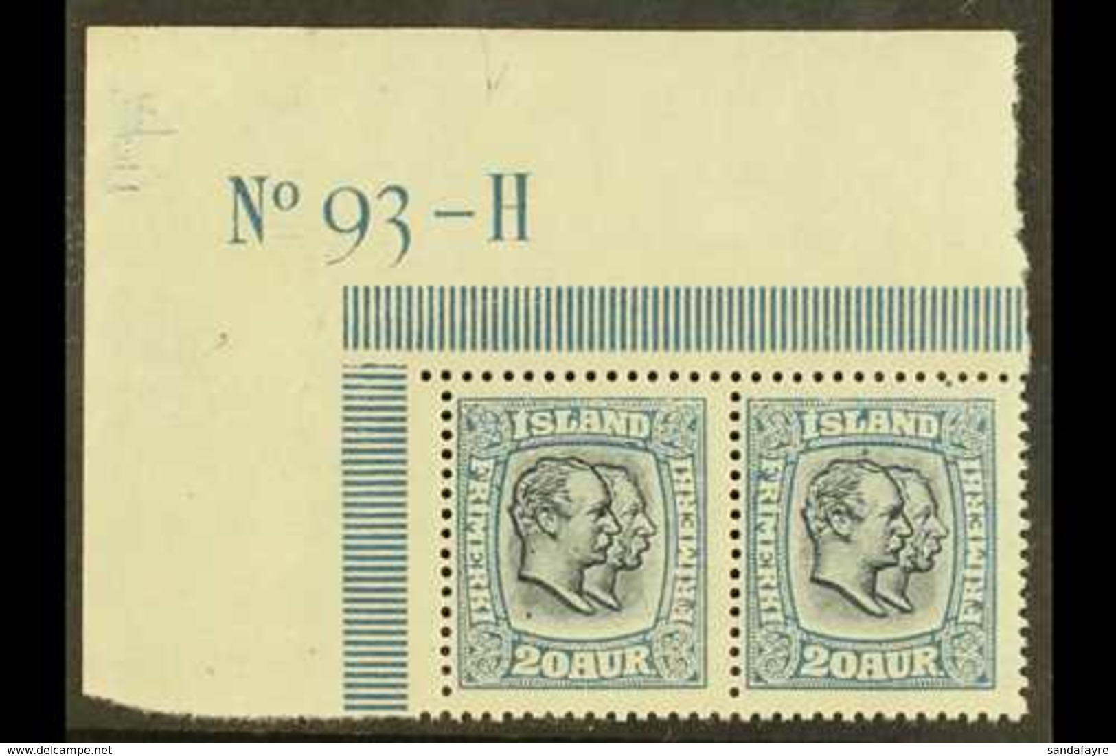 1914-18  20a Blue Kings (SG 115, Michel 82, Facit 97), Never Hinged Mint Top Left Corner Horiz PAIR With PLATE NUMBER 'N - Sonstige & Ohne Zuordnung