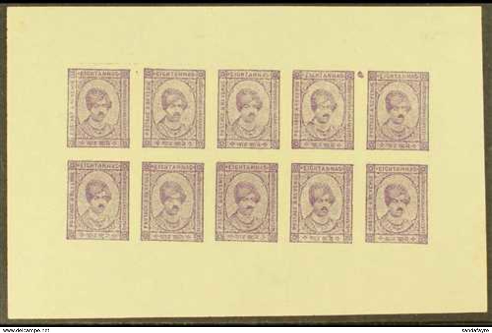 KISHANGARH  1943-7 8a Violet On Unsurfaced Paper, In A COMPLETE SHEETLET OF 10, SG 89, Very Fine, Without Gum As Issued. - Sonstige & Ohne Zuordnung