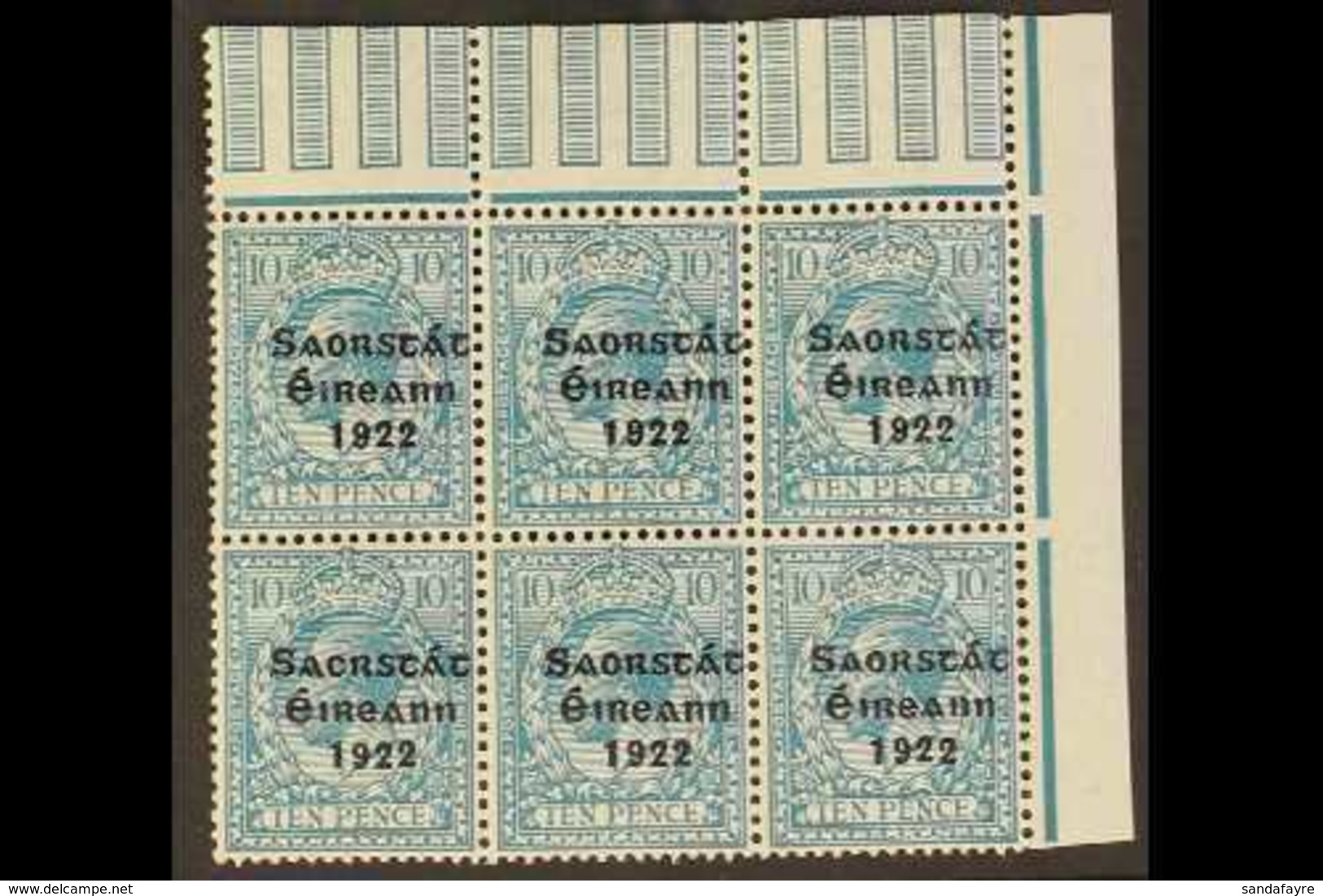 1922-23  10d Turquoise-blue, SG 62, Never Hinged Mint Upper Right Corner BLOCK OF 6 From The Lower Pane, One Stamp Showi - Sonstige & Ohne Zuordnung