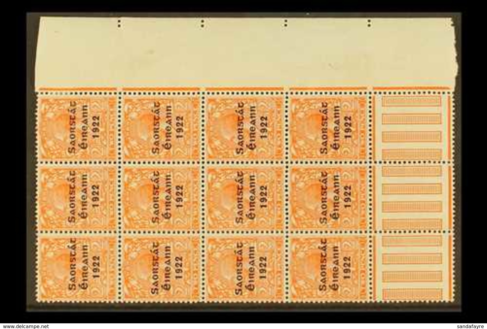 1922-23 VARIETIES  2d Orange (SG 55) Marginal Corner Pane Multiple Of 12 Stamps,  incorporates "S Over E" Varieties, Row - Sonstige & Ohne Zuordnung