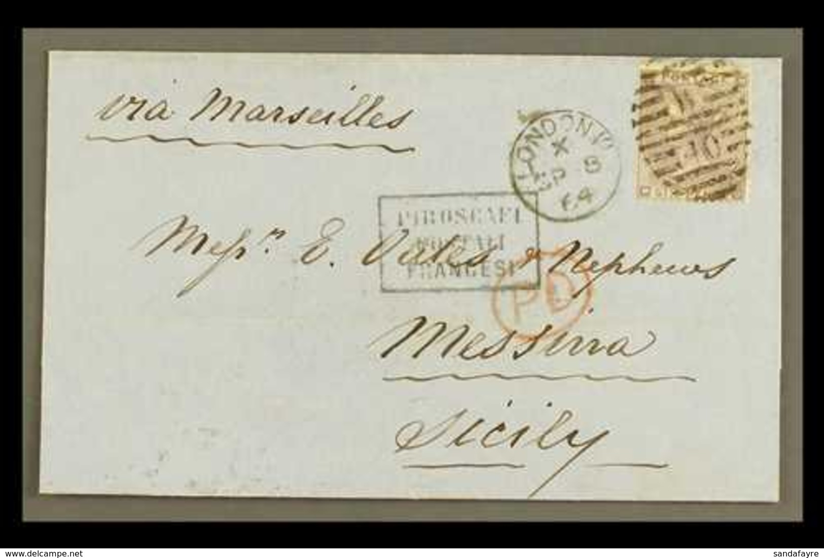 1864  (8 Sept) EL From London To Messina, Endorsed "Via Marseilles" Bearing GB 6d Lilac (SG 84) With Very Fine Strike Of - Ohne Zuordnung