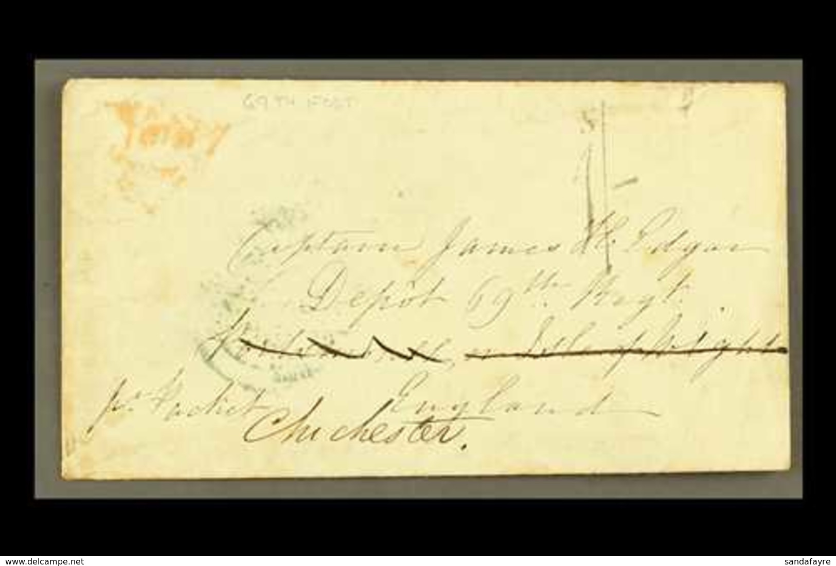 1851  (28 Apr) Cover Addressed To The 69th Regiment Depot, Portsmouth, And Redirected To Chichester, Bearing Fine "1s/-" - Jamaica (...-1961)