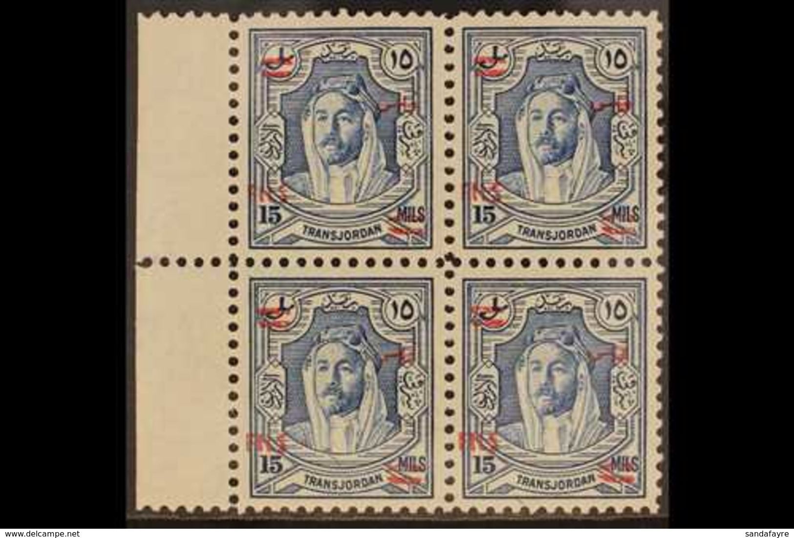 1952 MARGINAL BLOCK.  15f On 15m Ultramarine, Perf 12, SG 324, Never Hinged Mint Marginal Block Of 4. (1 Block Of 4) For - Jordanien