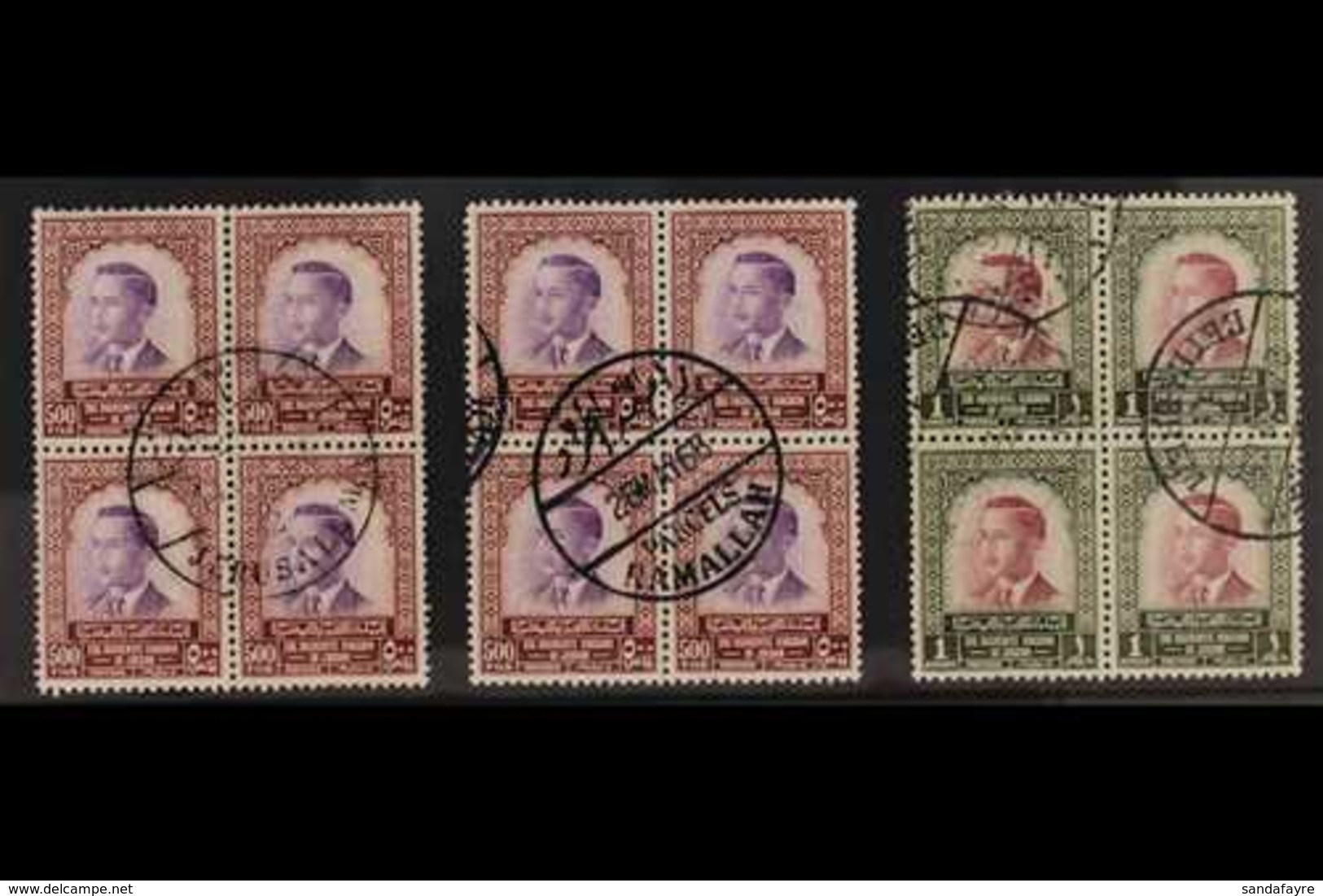 1955-65  A Trio Of USED BLOCKS OF 4 On A Stock Card, Includes Two Blocks Of 500m Purple & Red Brown "Hussein" (SG 457),  - Jordanien