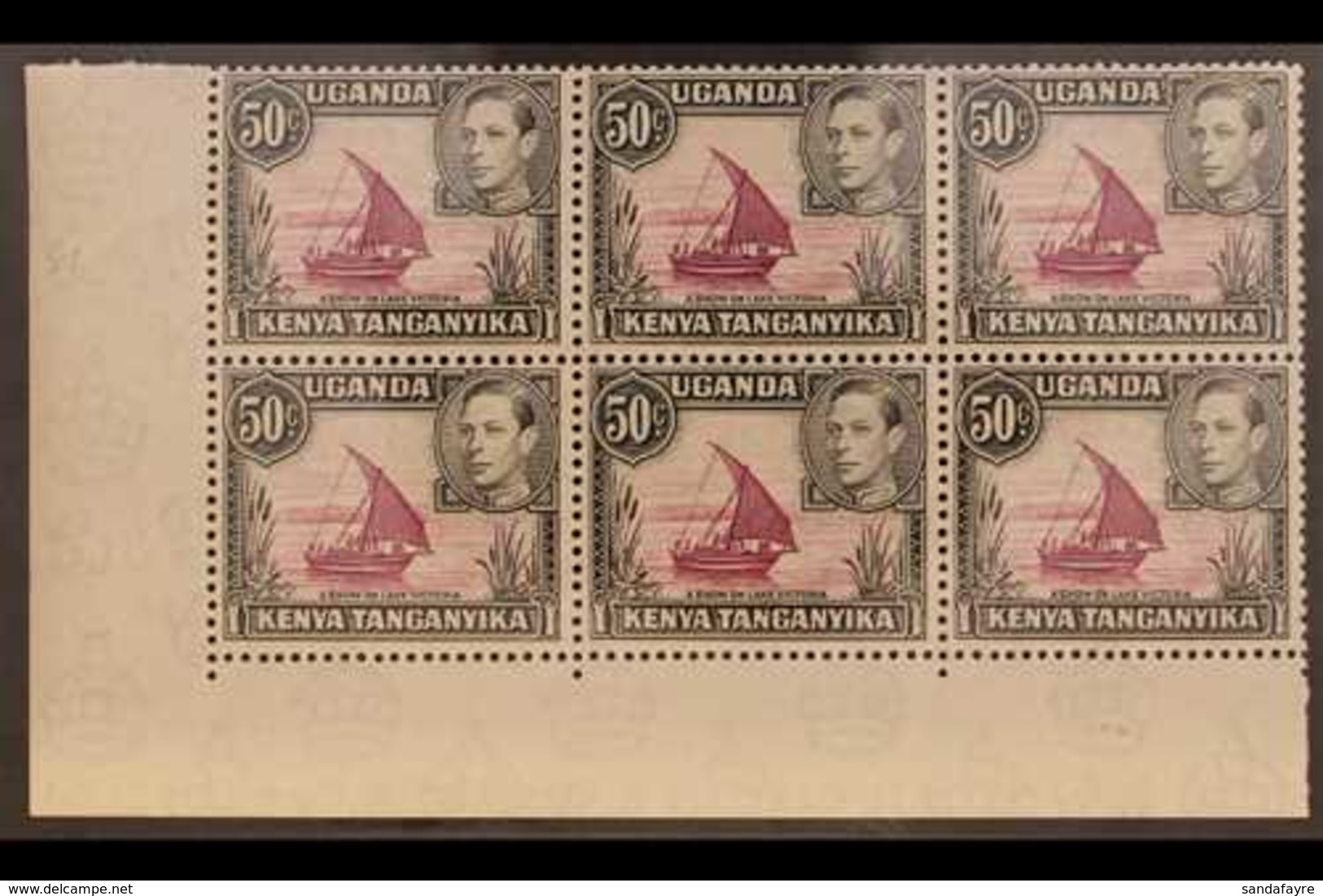 1938-54  50c Reddish Purple & Black, Corner Marginal Block Of Six (R9/1-3 & R10/1-3) With DOT REMOVED, In Pair With Norm - Vide