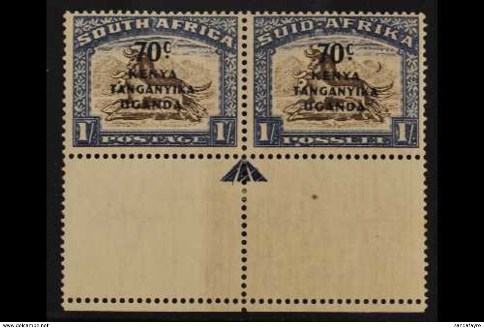 1941-42  70c On 1s Brown And Chalky Blue With Crescent Moon Flaw, SG 154a, Marginal Horizontal Pair, The Stamps Never Hi - Vide