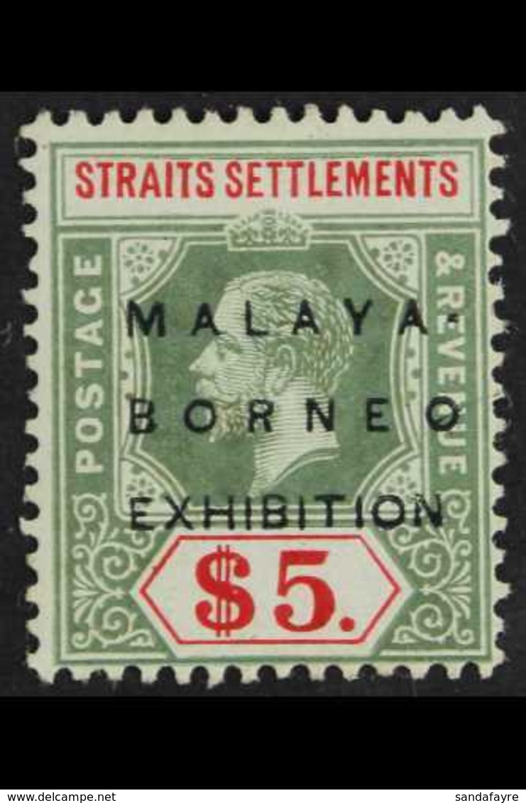1922 MALAYA BORNEO EXHIBITION VARIETY.  $5 Green & Red/blue Green, MCA Wmk, "No Stop" Variety, SG 249f, Fine Mint, Scarc - Straits Settlements