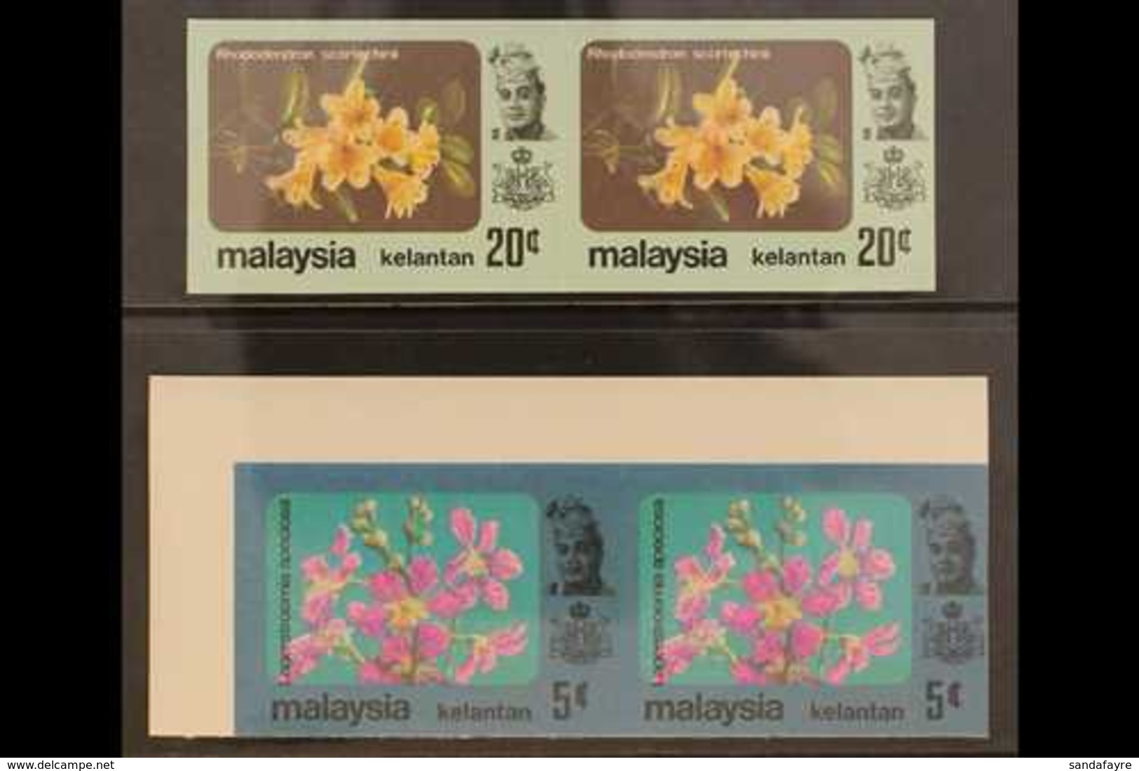 KELANTAN  1979 5c & 20c Flowers Horizontal IMPERF PAIRS (SG 125 & 128), Superb Never Hinged Mint, Very Fresh. (2 Pairs = - Sonstige & Ohne Zuordnung