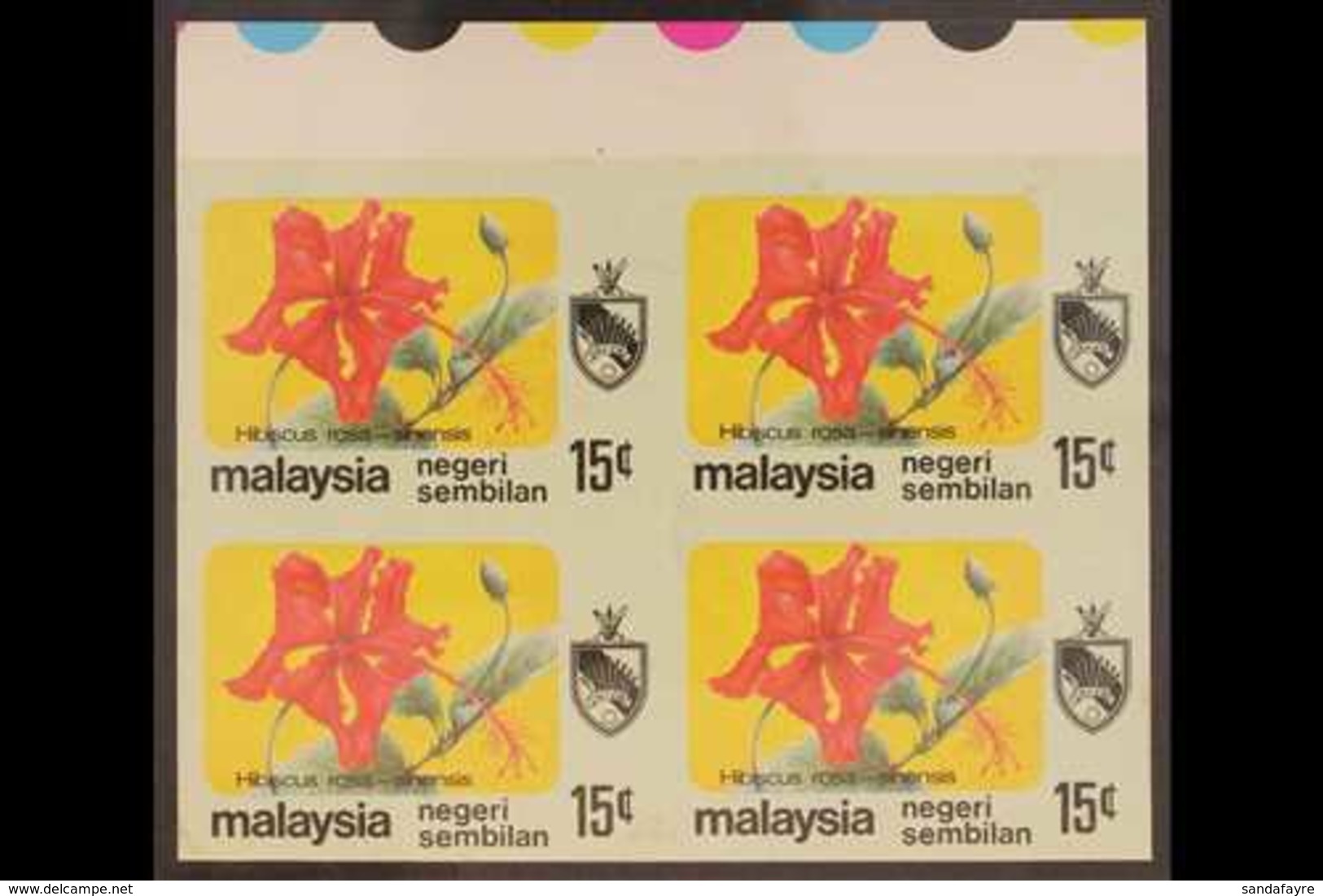 NEGRI SEMBILAN  1979 15c Flowers (SG 107), Never Hinged Mint Upper Marginal IMPERF BLOCK Of 4, Fresh & Attractive. (4 St - Sonstige & Ohne Zuordnung