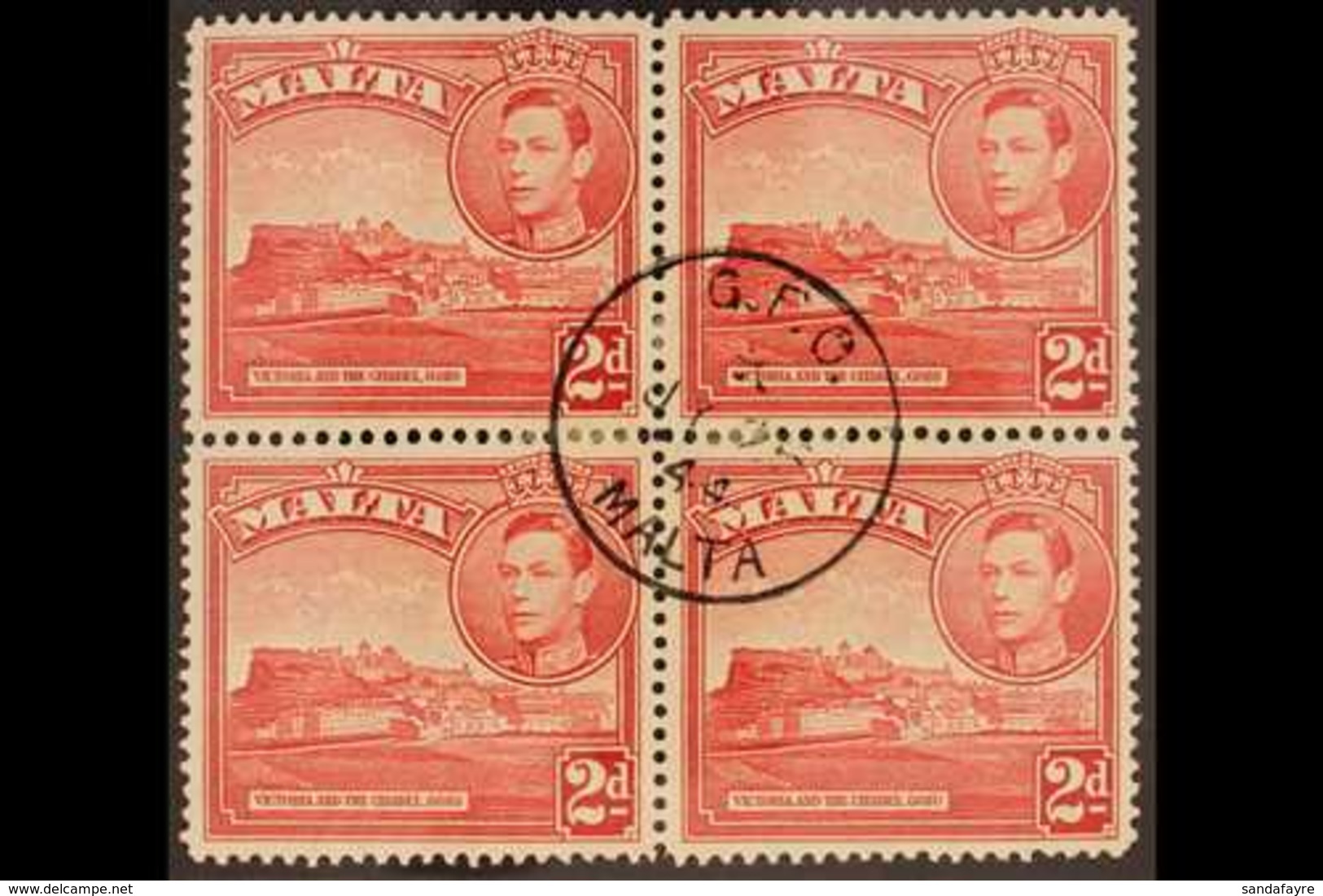 1938  2d Scarlet "Citadel", Variety "extra Windows" , SG 212ba, In Block Of 4 With Normals, Very Fine Used. For More Ima - Malta (...-1964)