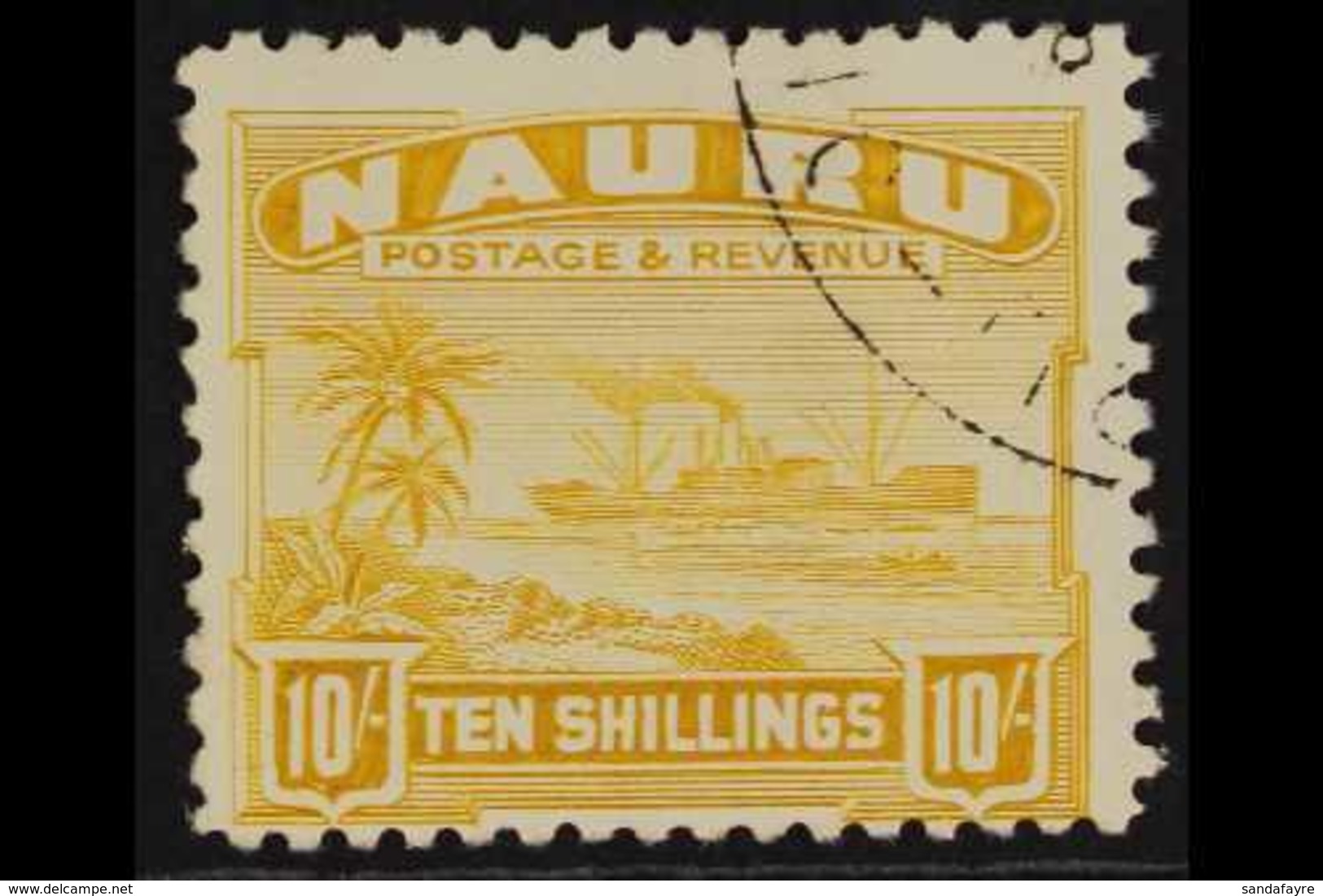 1937-48  10s Yellow "Freighter" On Shiny Unsurfaced White Paper, SG 39B, Very Fine Used. For More Images, Please Visit H - Nauru