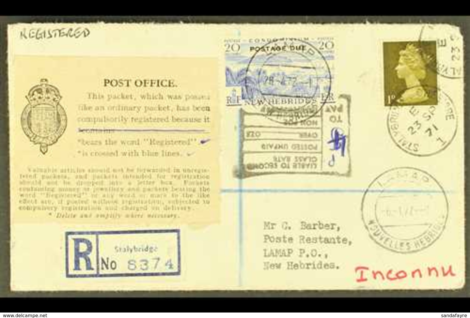 ENGLISH  1972 Inward Envelope Registered From England To Lamap, Where Some Seven Months Later A 20c Postage Due Stamp Ap - Sonstige & Ohne Zuordnung