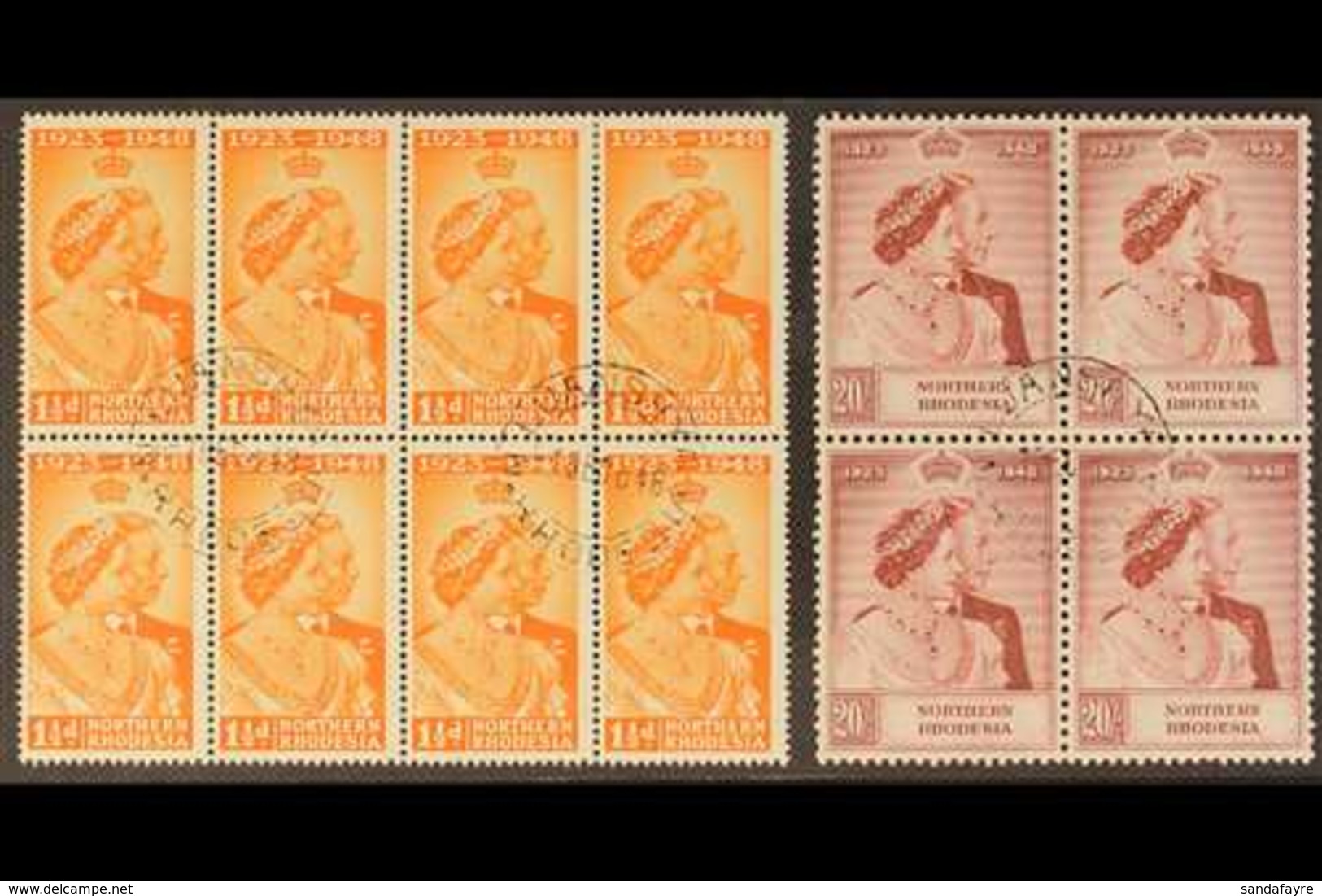 1948  Royal Silver Wedding Set, 20s In A BLOCK OF FOUR, 1½d In A Block Of 8, SG 48/9, Superb Used With LUANSHYA First Da - Nordrhodesien (...-1963)