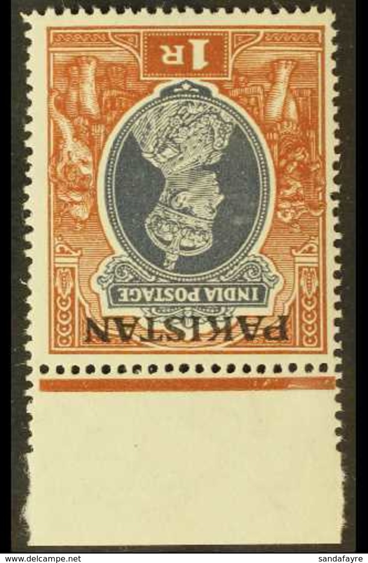 1947 INVERTED WATERMARK  1r Grey & Red-brown "Inverted Watermark", SG 14w, A Lovely Marginal Example, The Stamp Being Ne - Pakistan