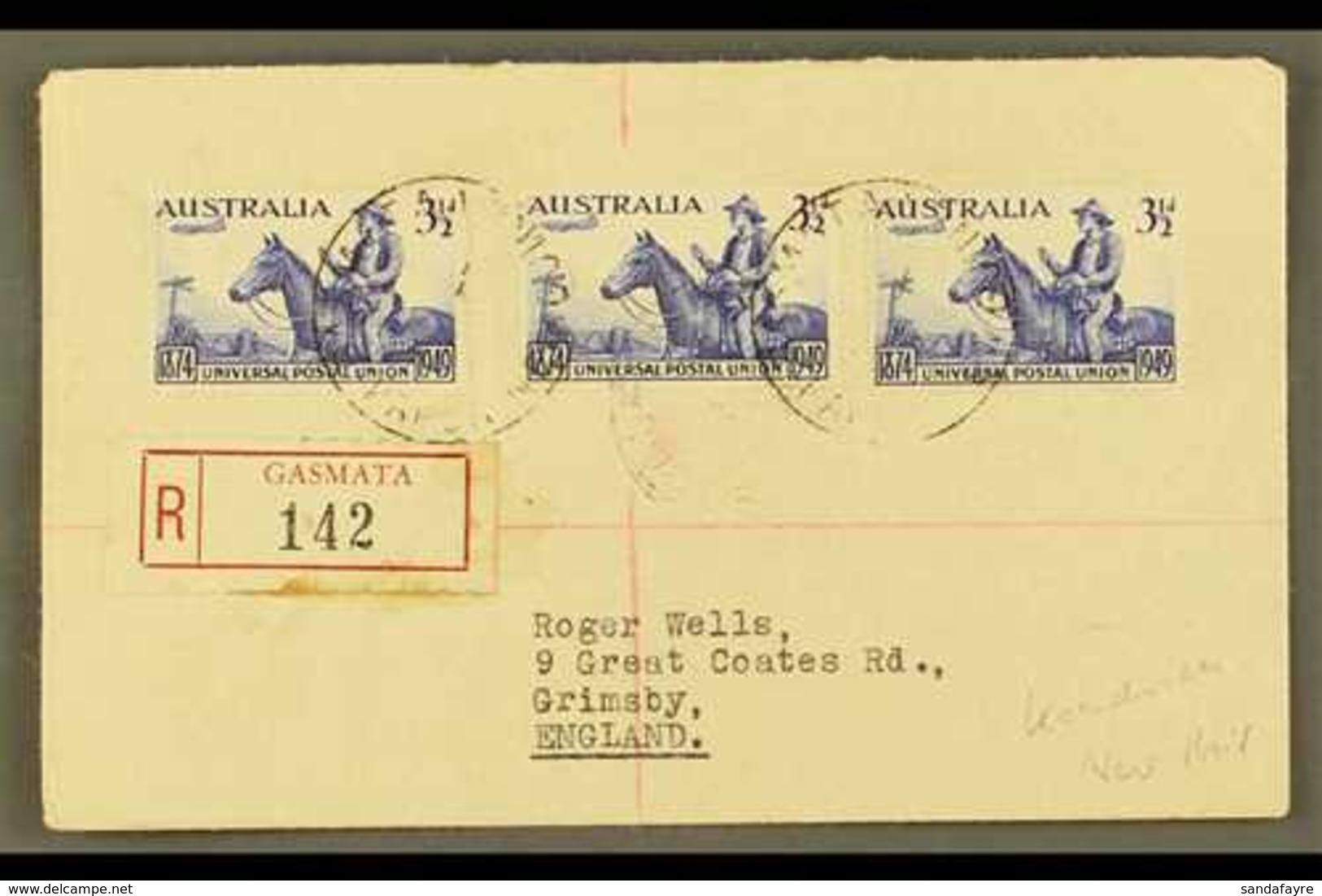 1950  (May) Neat "Roger Wells" Registered Cover To England, Bearing UPU 3½d X3, Tied GASMATA Cds's, Rabaul And Sydney Tr - Papua-Neuguinea