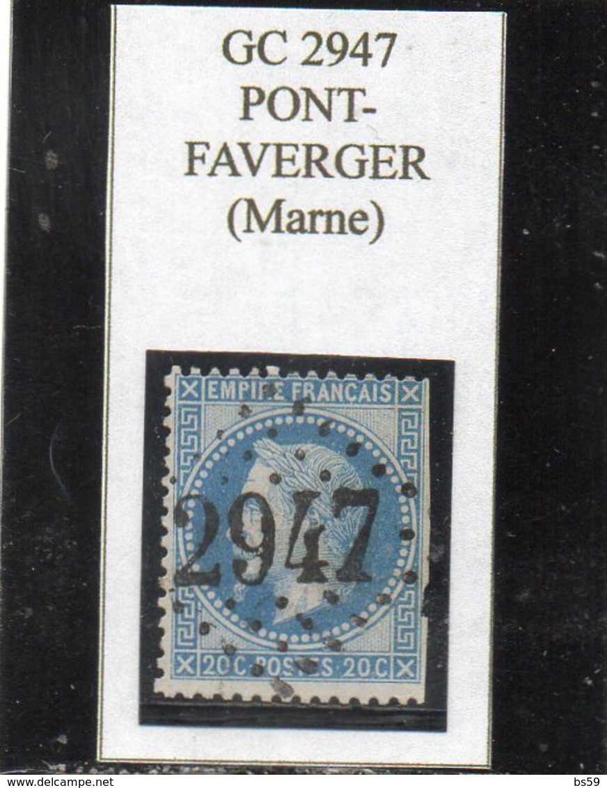 Marne - N° 29A (déf) Obl GC 2947 Pont-Faverger - 1863-1870 Napoléon III Lauré