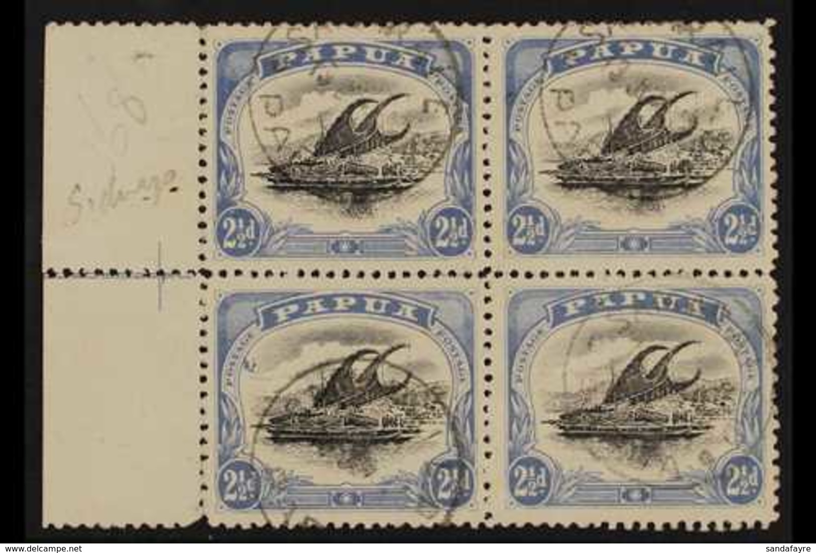 1907-11  2½d Black & Dull Blue Lakatoi Wmk Sideways Perf 11, SG 62, Fine Cds Used Left Marginal BLOCK Of 4 (positions 11 - Papua-Neuguinea