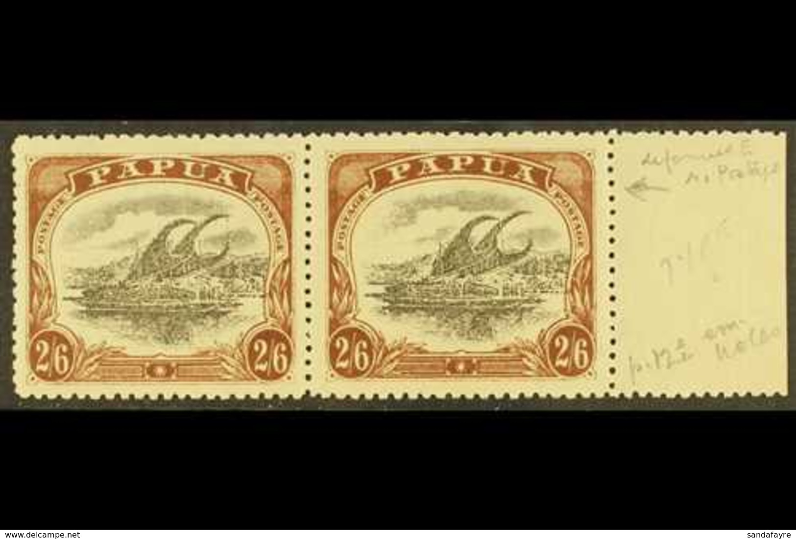 1910-11  2s6d Black & Brown Lakatoi Type C, SG 83, Fine Mint Marginal Pair, One Stamp With DEFORMED "E" AT LEFT Variety  - Papua-Neuguinea